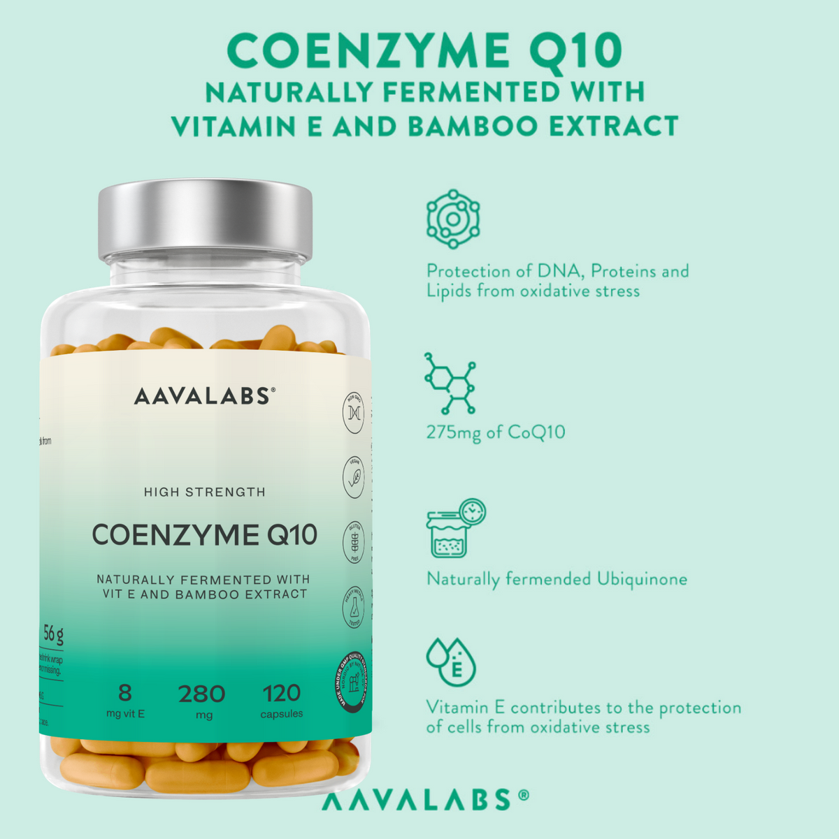 A bottle of AAVALABS Coenzyme Q10 dietary supplement capsules on a white background with green text and feature icons. The bottle is clear, showing yellow-orange capsules inside, with a white and green label and a silver cap.