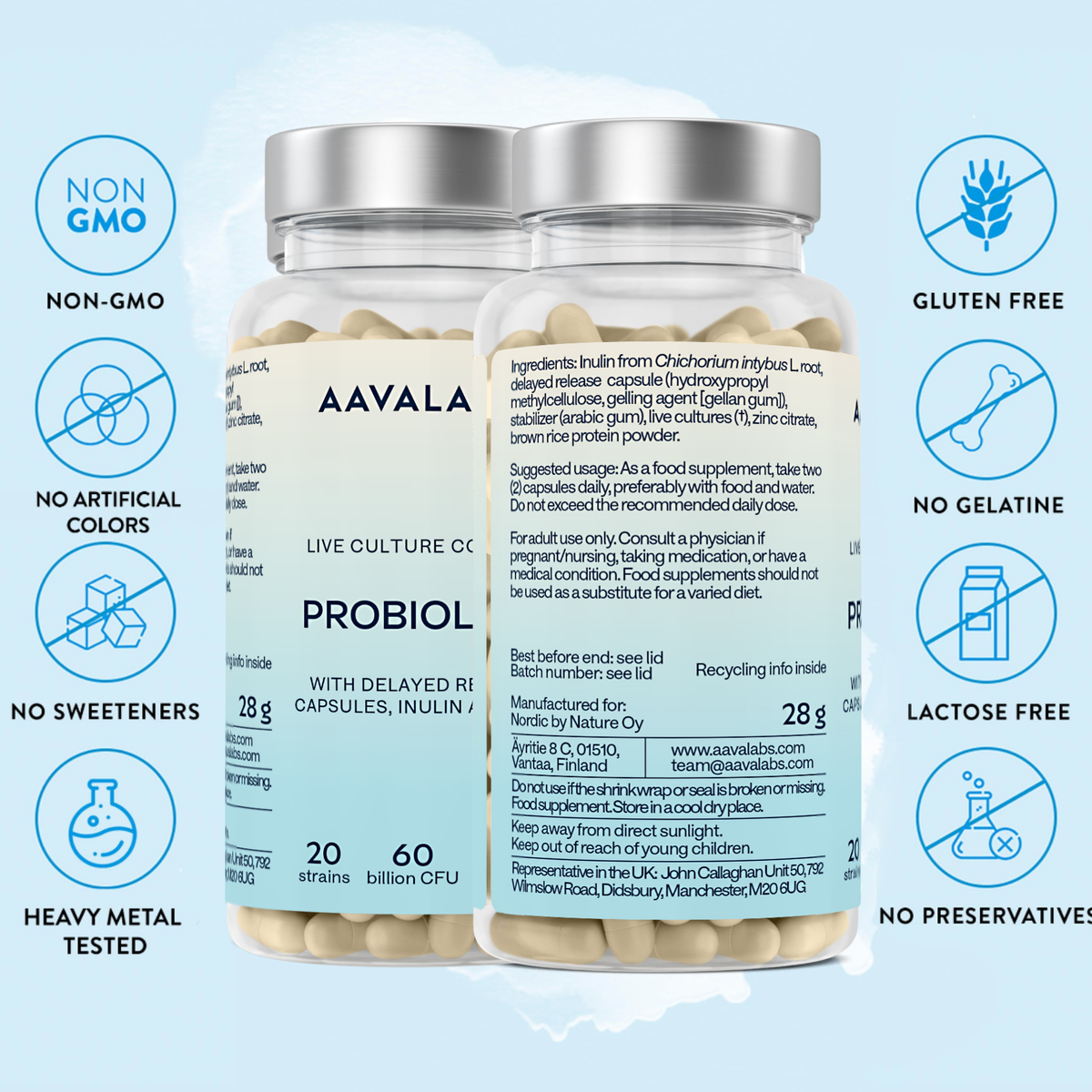 A bottle of Aavala Probiol live culture GX dietary supplement capsules shown from both front and back, surrounded by light blue circular icons highlighting key product attributes like Non-GMO, Gluten Free, No Artificial Colors, and No Preservatives.