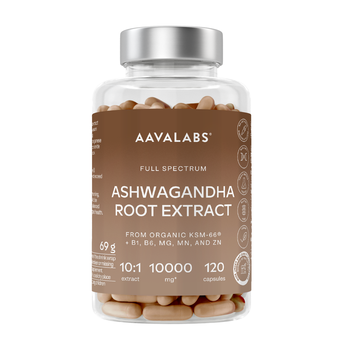 A clear supplement bottle filled with tan capsules, featuring a brown label with white text that reads 'Aavalabs Full Spectrum Ashwagandha Root Extract'. The bottle has a silver cap and is shown on a plain white background.