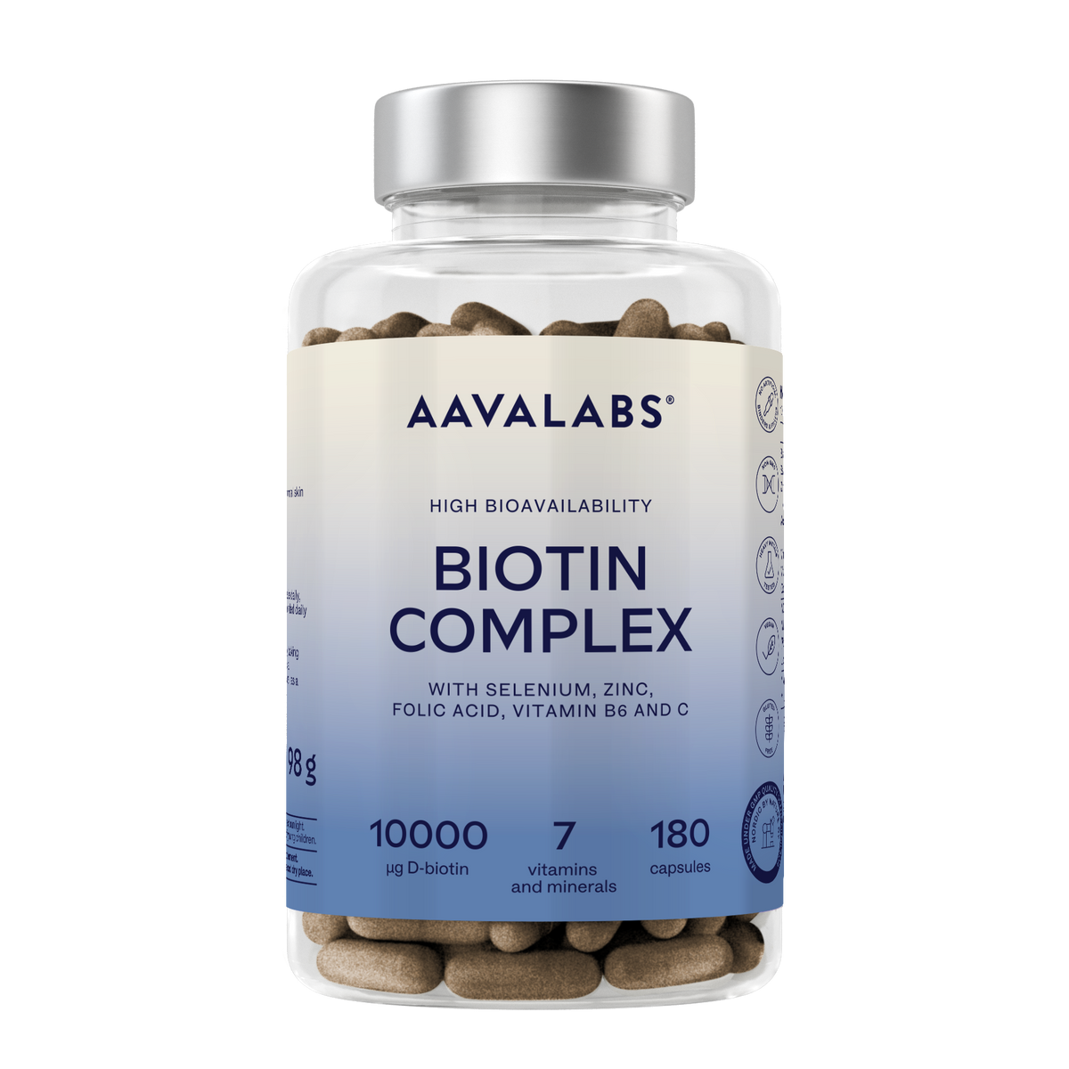 A clear plastic bottle of Aavalabs Biotin Complex dietary supplement capsules with a silver cap and a white-to-blue gradient label, shown on a plain white background.