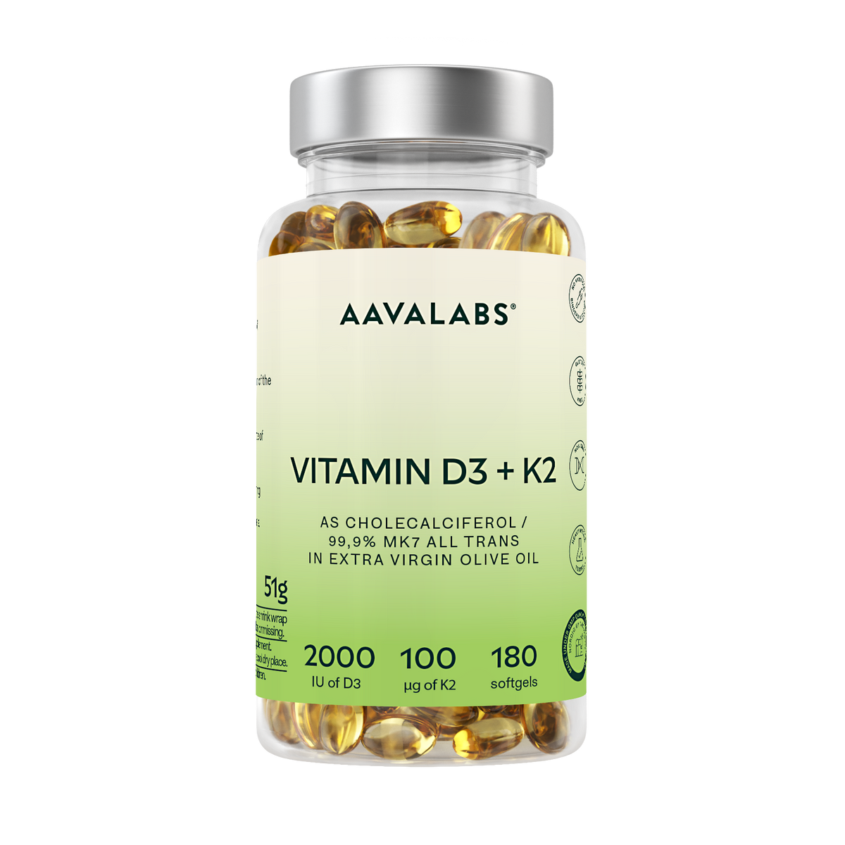 A clear plastic bottle of AAVALABS Vitamin D3 + K2 softgels with a silver cap and a light green-to-white label, filled with yellow-gold softgels, on a solid white background.