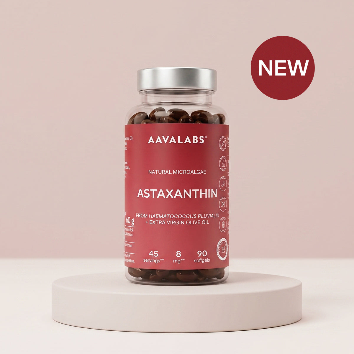 Jar of AavaLabs Astaxanthin supplements on a pink background