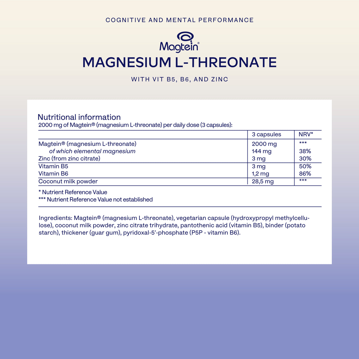 Nutritional information label for Magtein Magnesium L-Threonate supplement on a light purple background.