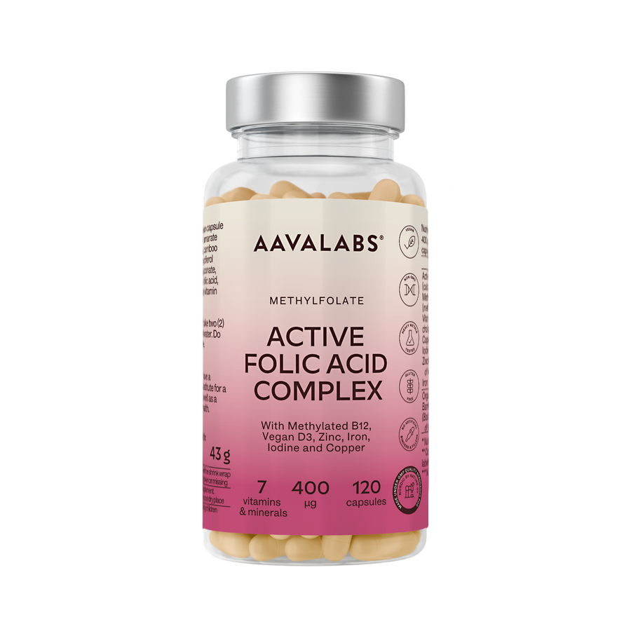 A bottle of Aavalabs Methylfolate Active Folic Acid Complex dietary supplement, containing 120 capsules, shown on a clean white background.