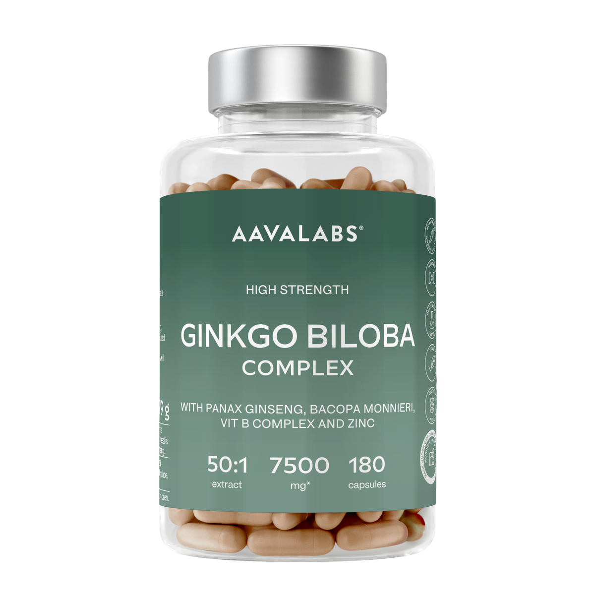 A clear supplement bottle filled with tan capsules, featuring a dark green label with white text that reads 'AAVALABS GINKGO BILOBA COMPLEX' and a metallic silver cap, on a plain white background.