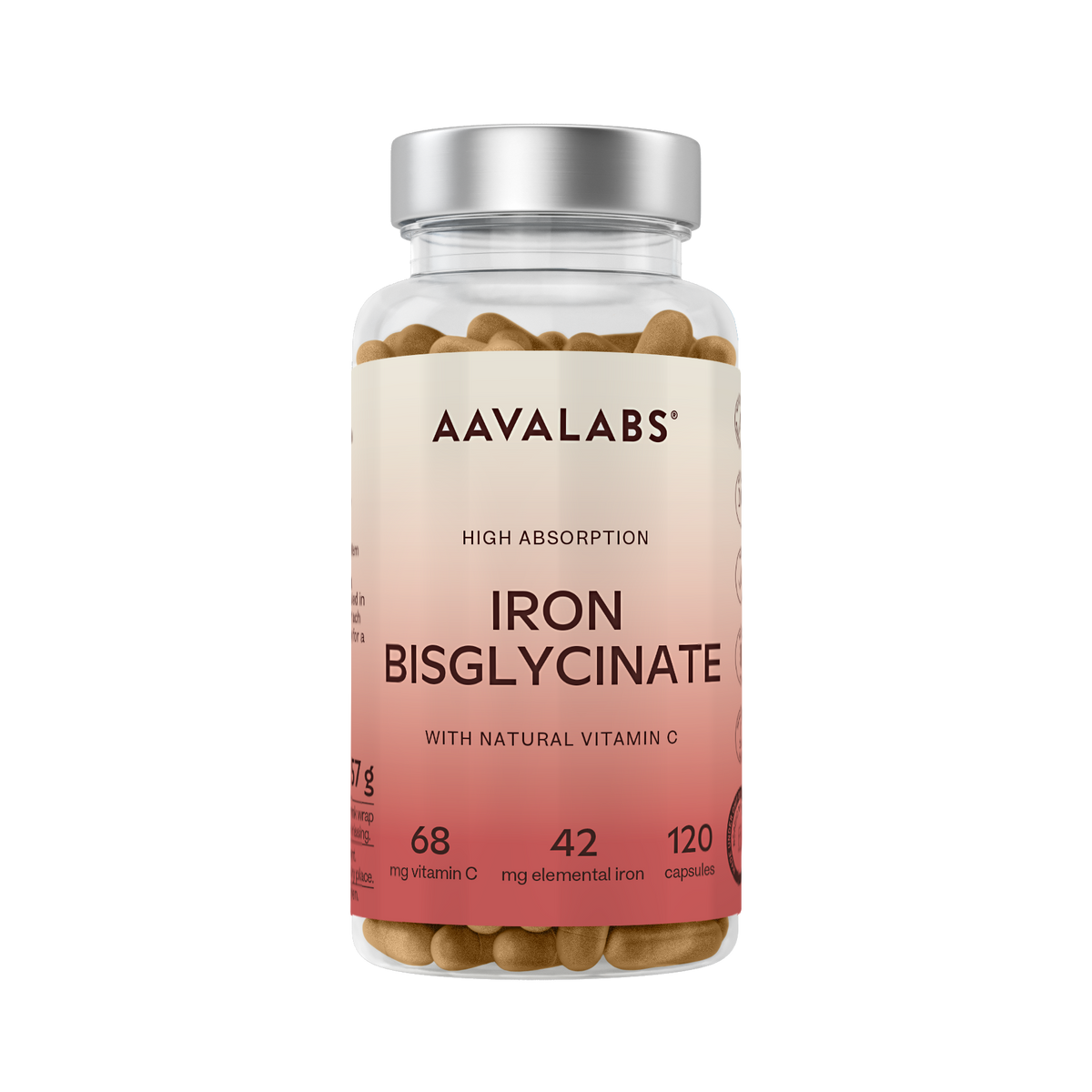 A clear supplement bottle of Aavalabs Iron Bisglycinate capsules with a silver cap and a beige-to-pink label, shown on a plain white background.