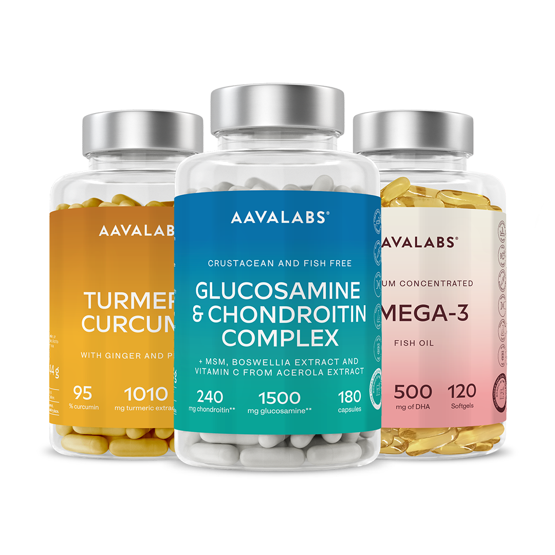 Three supplement bottles including Glucosamine, Omega-3 and Turmeric Curcumin, shown together as a Joints Support bundle - Aavalabs