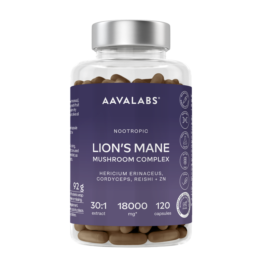 A clear supplement bottle filled with brown capsules, featuring a dark purple label with white text. The brand AAVALABS is clearly visible at the top of the label.