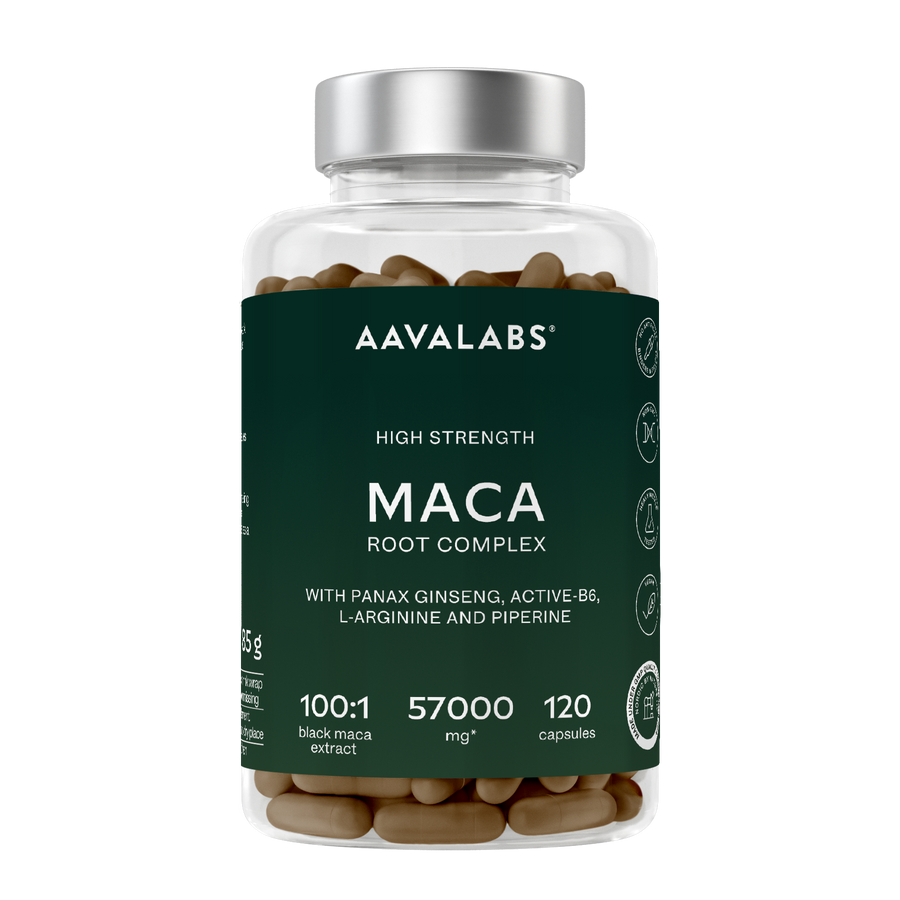 A clear supplement bottle filled with brown capsules, featuring a dark green label and a silver cap. The label reads 'AAVALABS HIGH STRENGTH MACA ROOT COMPLEX'.
