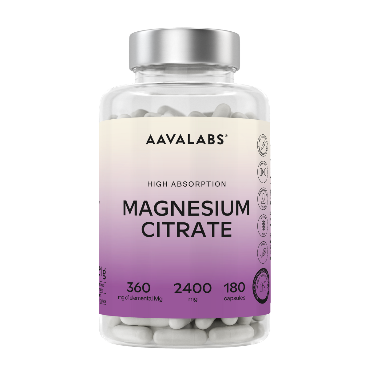 A bottle of Aavalabs Magnesium Citrate dietary supplement capsules, featuring a clear plastic bottle with a silver cap and a cream-to-purple gradient label.