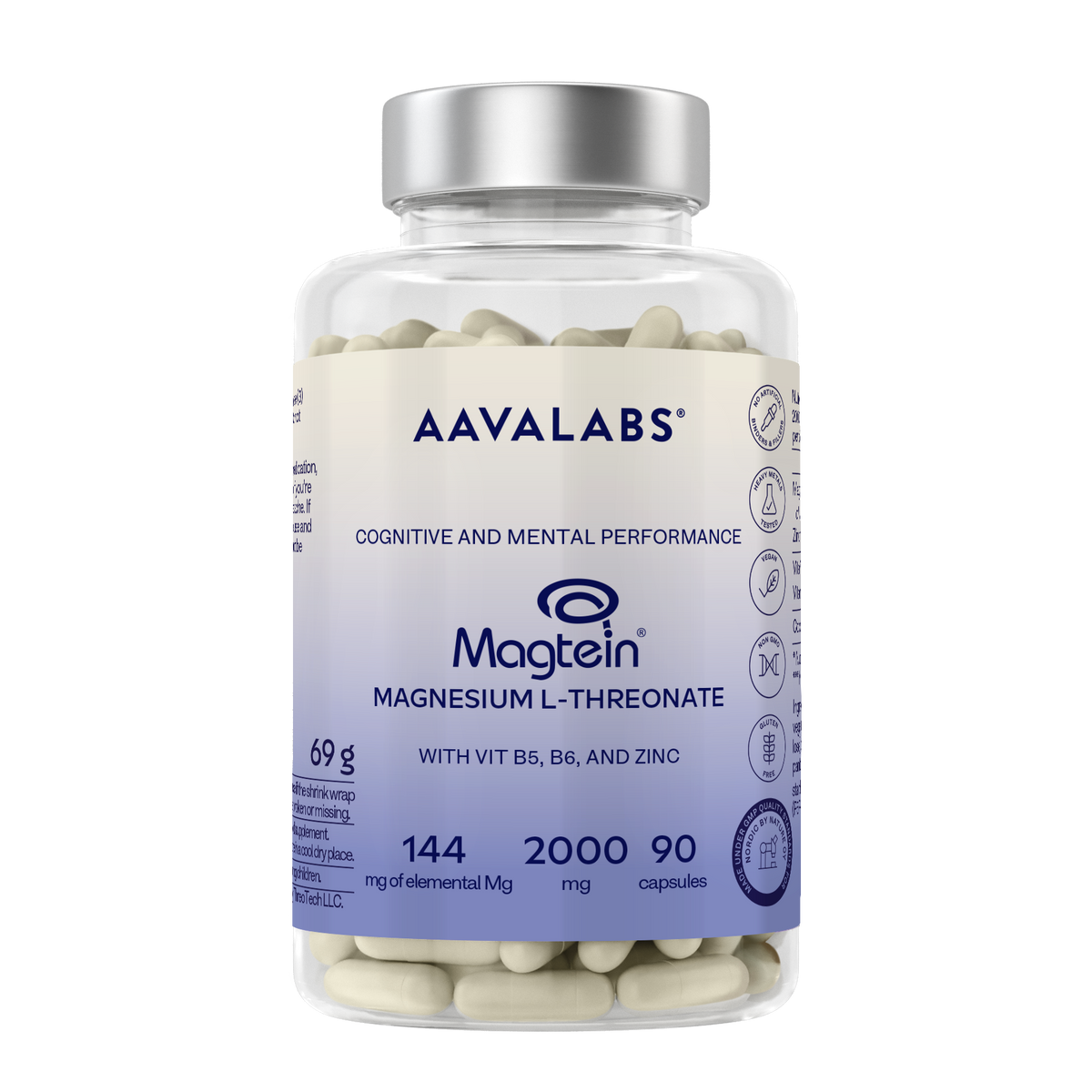 A clear supplement bottle of AAVALABS Magtein Magnesium L-Threonate capsules with a silver cap and a cream-to-lavender label, shown on a plain white background.