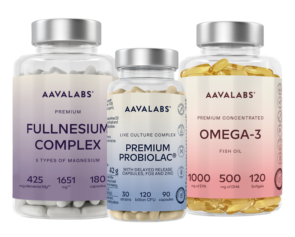 Aavalabs Premium Bundle with Fullnesium Complex magnesium, Premium Probiolac probiotics and Omega-3 fish oil supplements