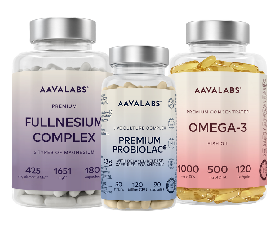 Aavalabs Premium Bundle with Fullnesium Complex magnesium, Premium Probiolac probiotics and Omega-3 fish oil supplements