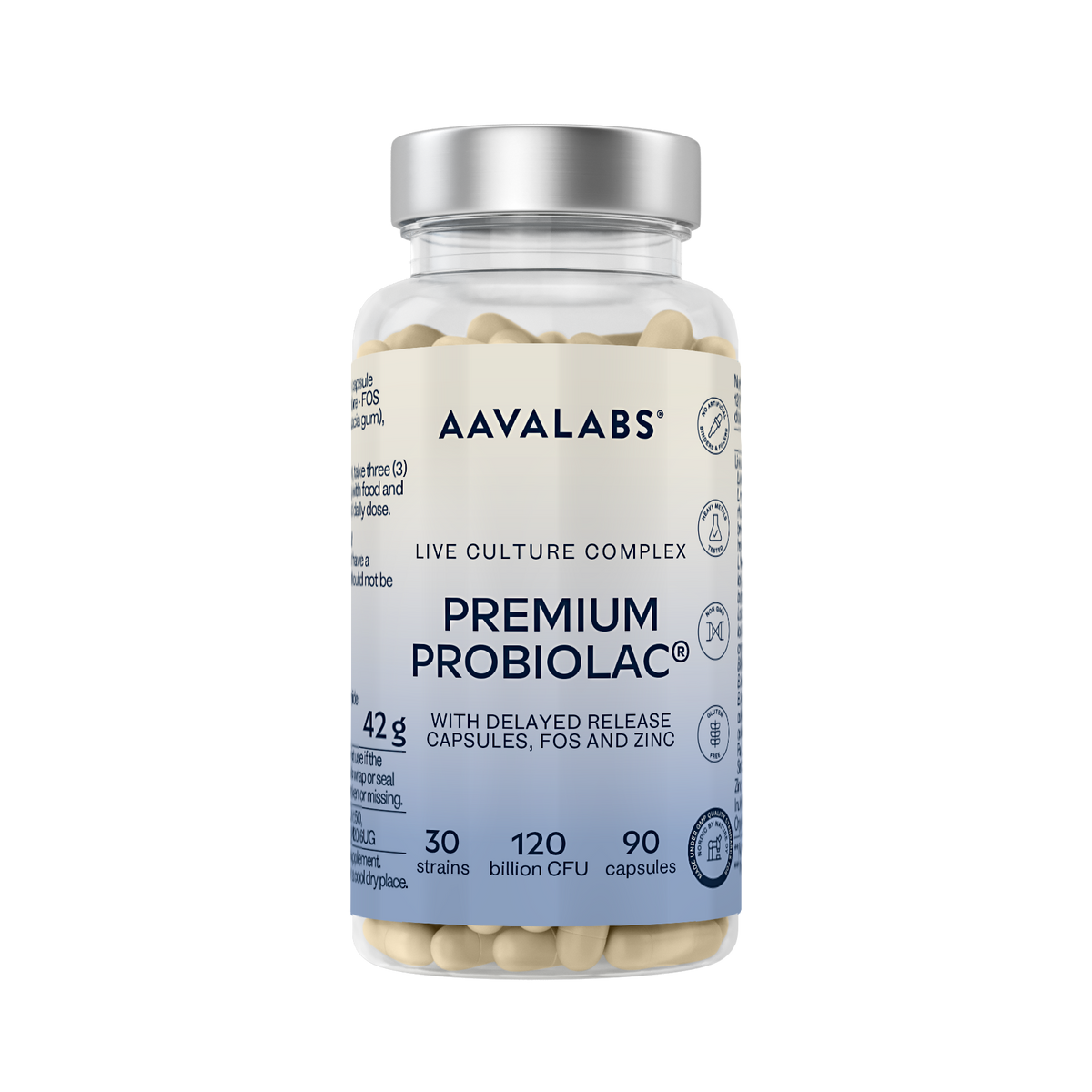 A clear plastic bottle of Aavalabs Premium Probiolac live culture complex with a silver cap and a white-to-blue label, filled with beige capsules, on a white background.
