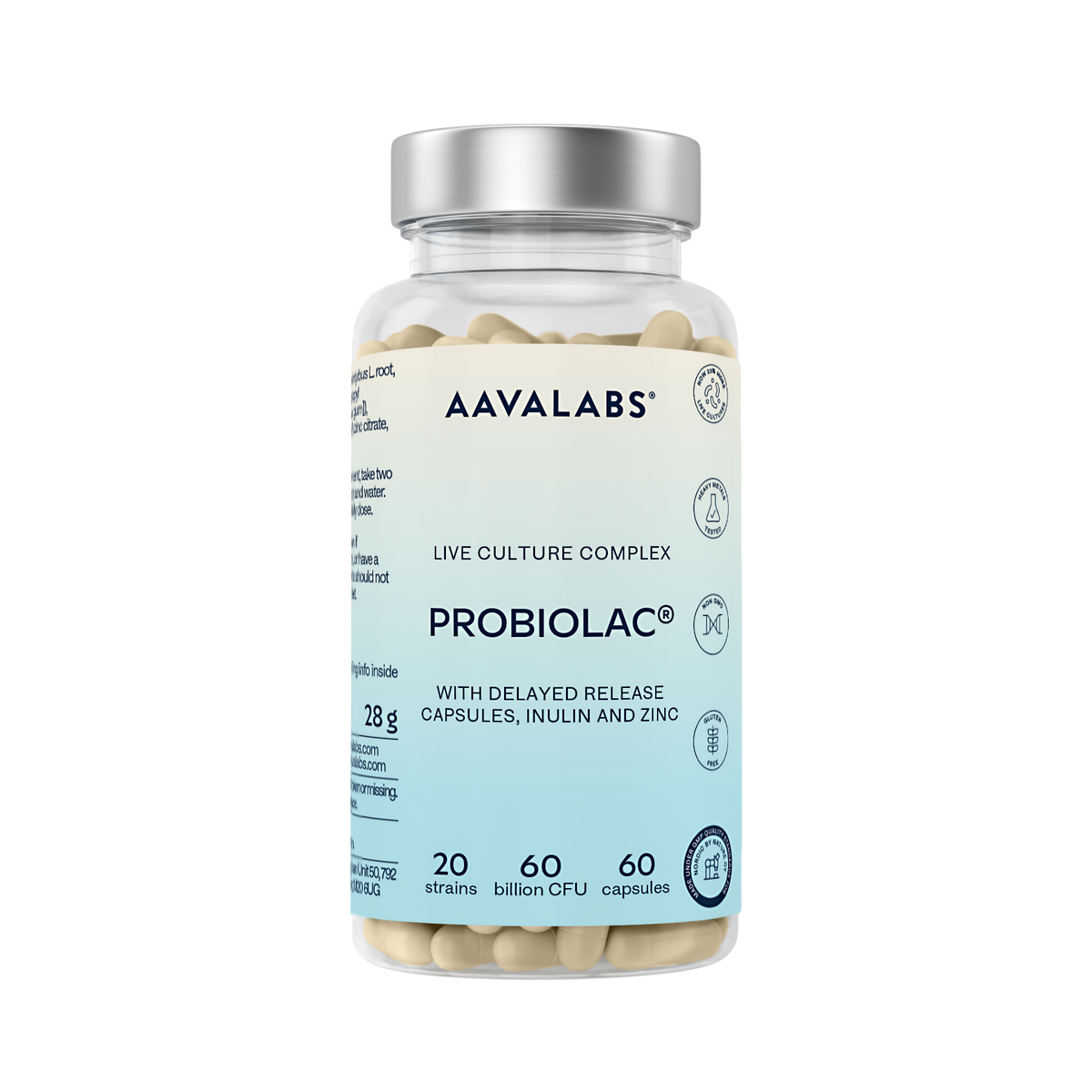 A clear plastic bottle of Aavalabs Probiolac live culture complex capsules with a silver cap and a white-to-light-blue label, shown on a plain white background.