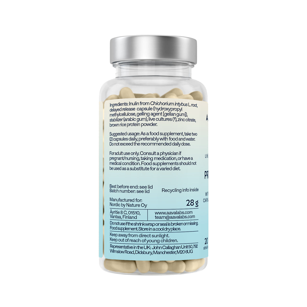 A supplement bottle with a white cap and a white label showing detailed text in English, photographed on a clean white background.