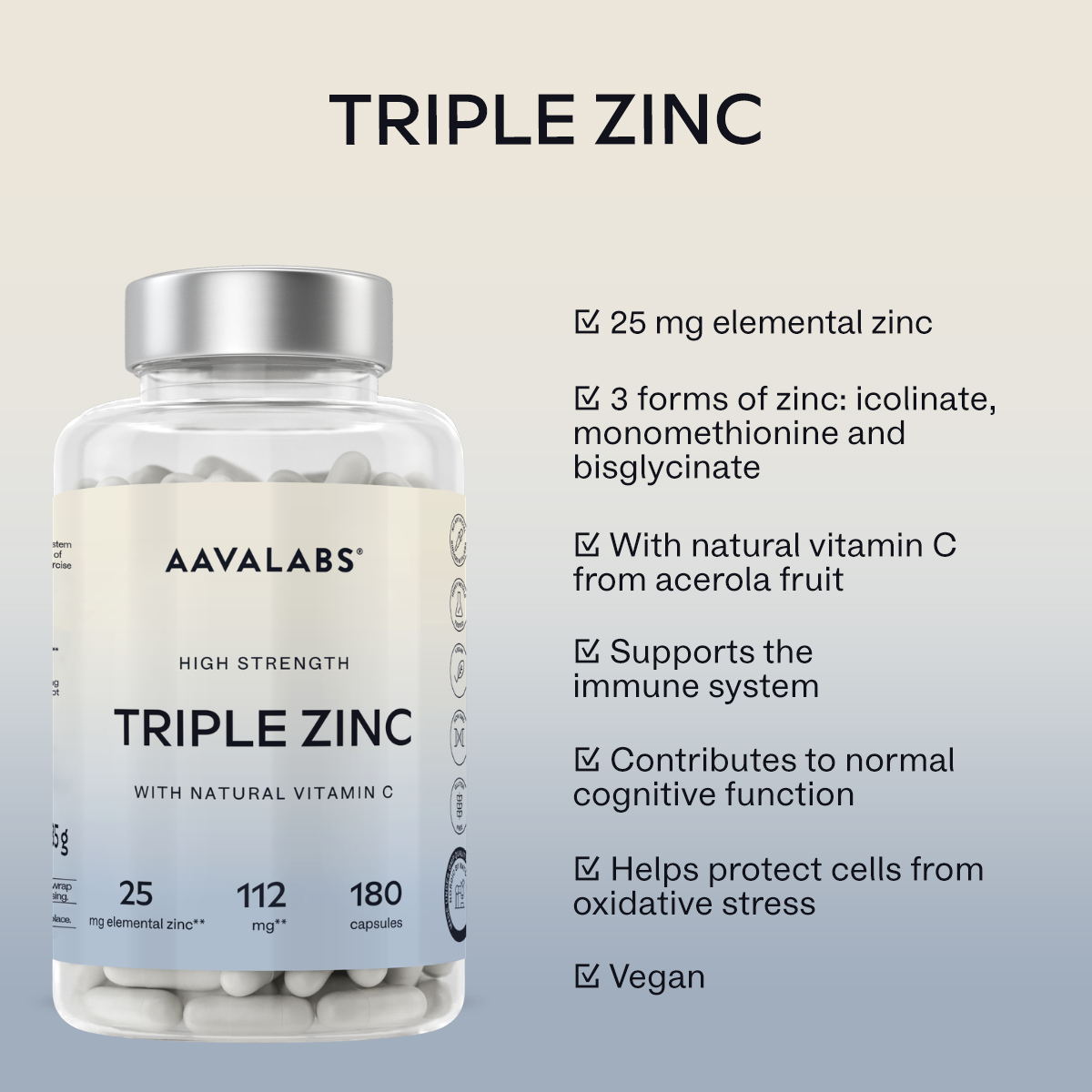 One clear plastic bottle of Aavalabs TRIPLE ZINC capsules with a silver cap, 180 capsules.