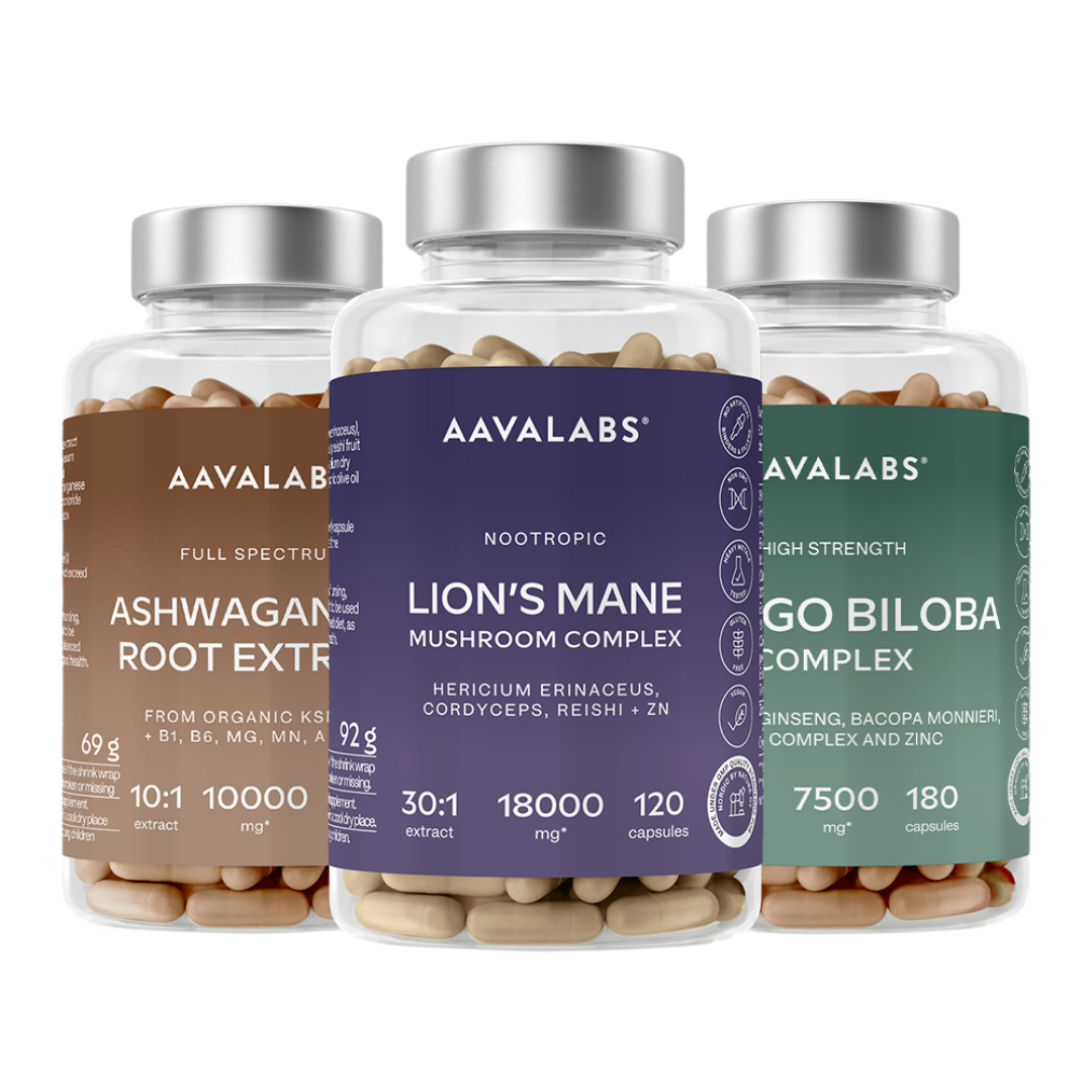 Three supplement bottles from AAVALABS on a plain white background: Ashwagandha Root Extract in a brown label, Lion's Mane Mushroom Complex in a purple label, and Gorgo Biloba Complex in a green label.