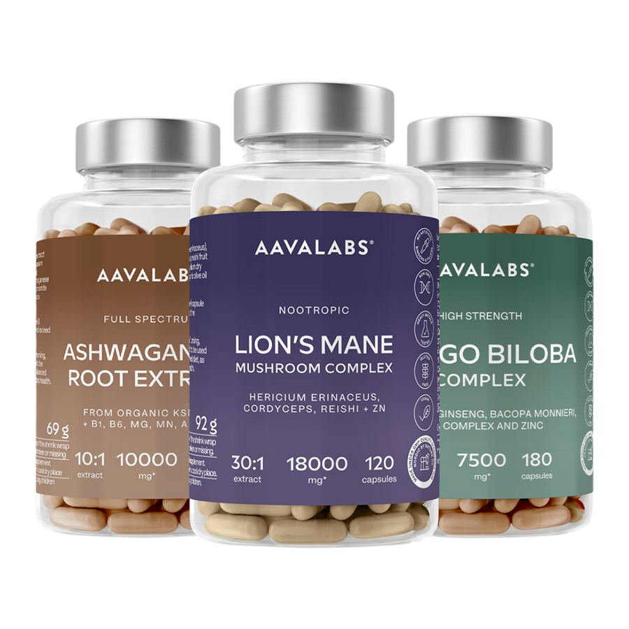 Three supplement bottles from AAVALABS on a plain white background: Ashwagandha Root Extract in a brown label, Lion's Mane Mushroom Complex in a purple label, and Gorgo Biloba Complex in a green label.