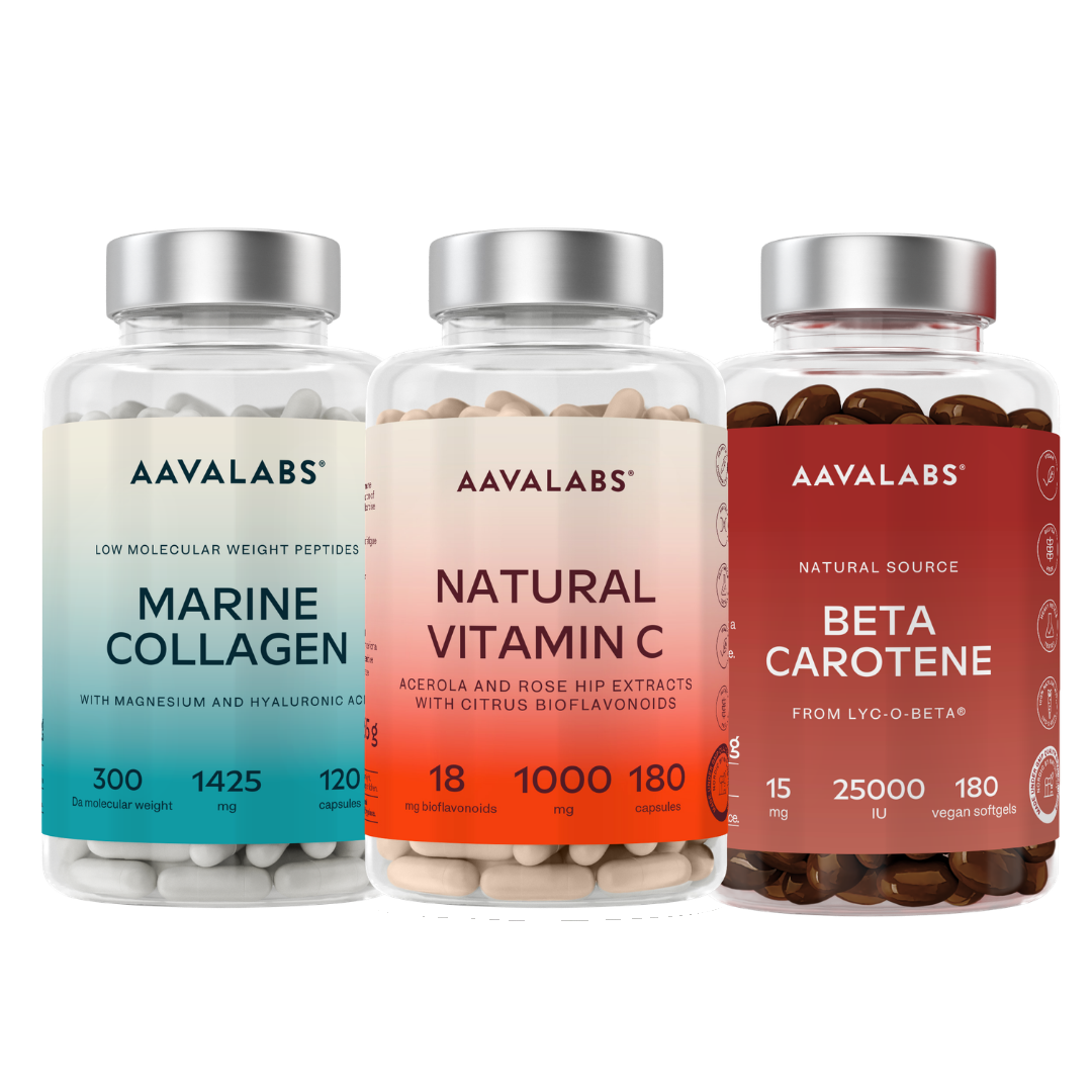 Three clear supplement bottles with silver caps from AAVALABS, arranged side by side on a white background. The bottles contain capsules and have labels for Marine Collagen, Natural Vitamin C, and Beta Carotene.