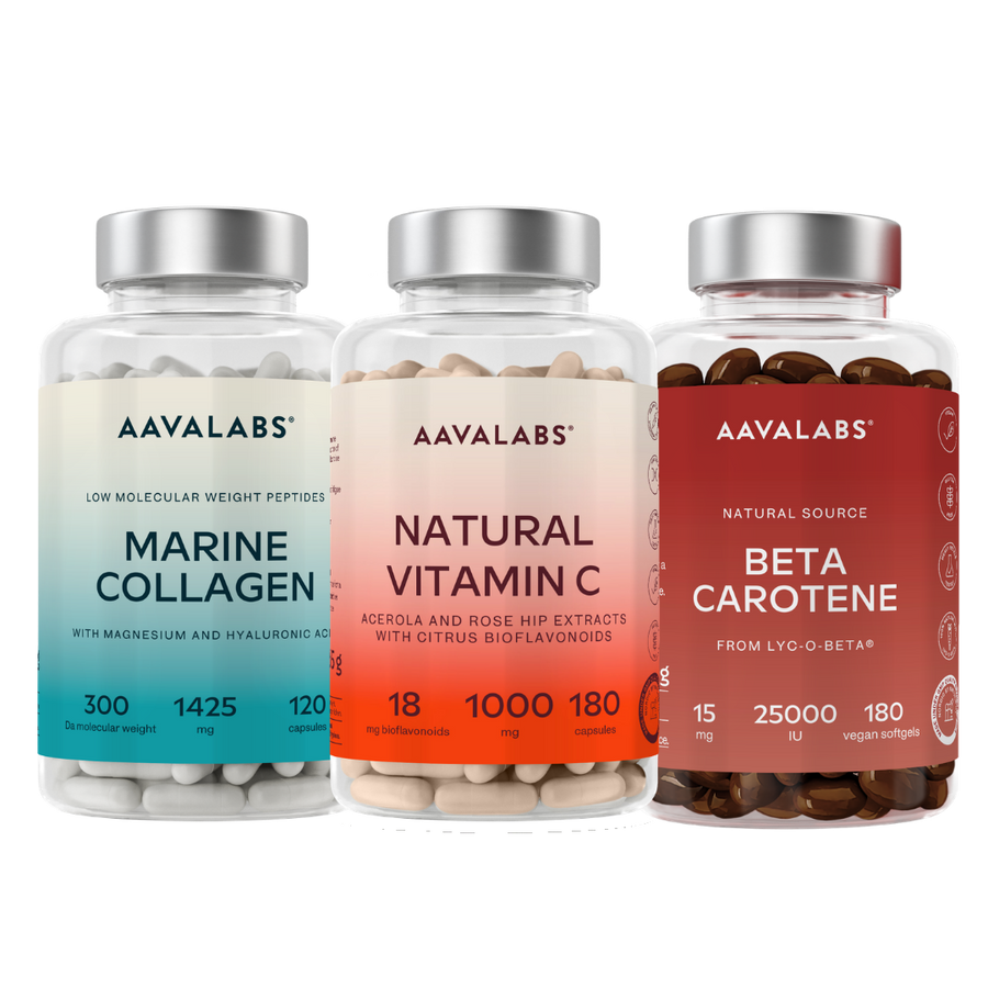 Three clear supplement bottles with silver caps from AAVALABS, arranged side by side on a white background. The bottles contain capsules and have labels for Marine Collagen, Natural Vitamin C, and Beta Carotene.