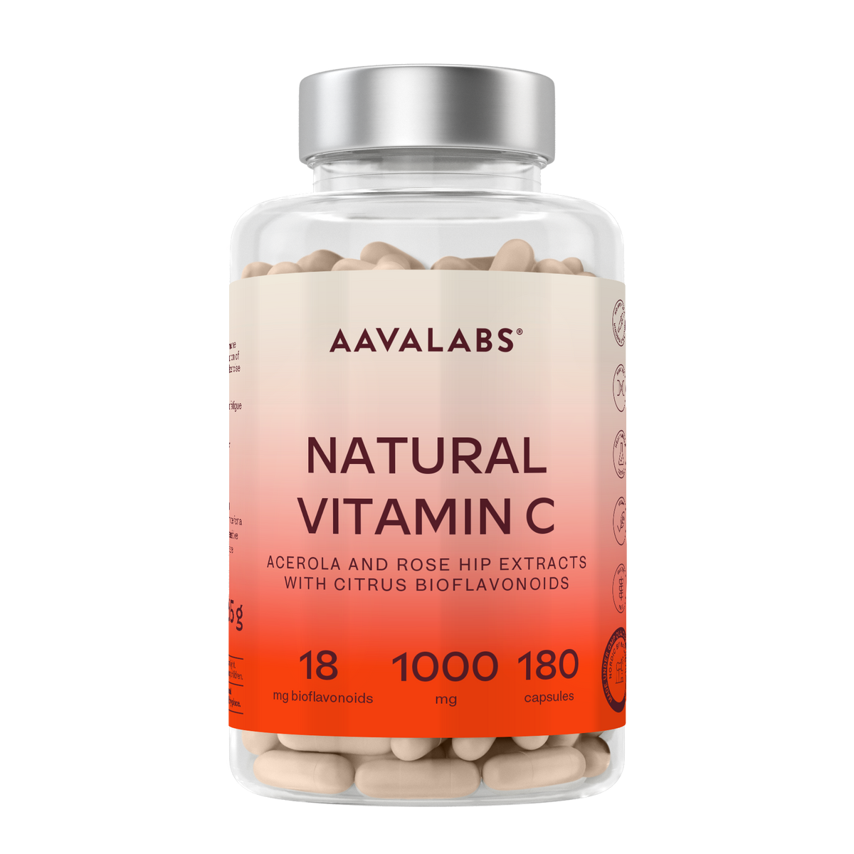 A clear plastic bottle of AAVALABS Natural Vitamin C capsules with a silver cap and a peach-to-orange gradient label, shown on a plain white background.