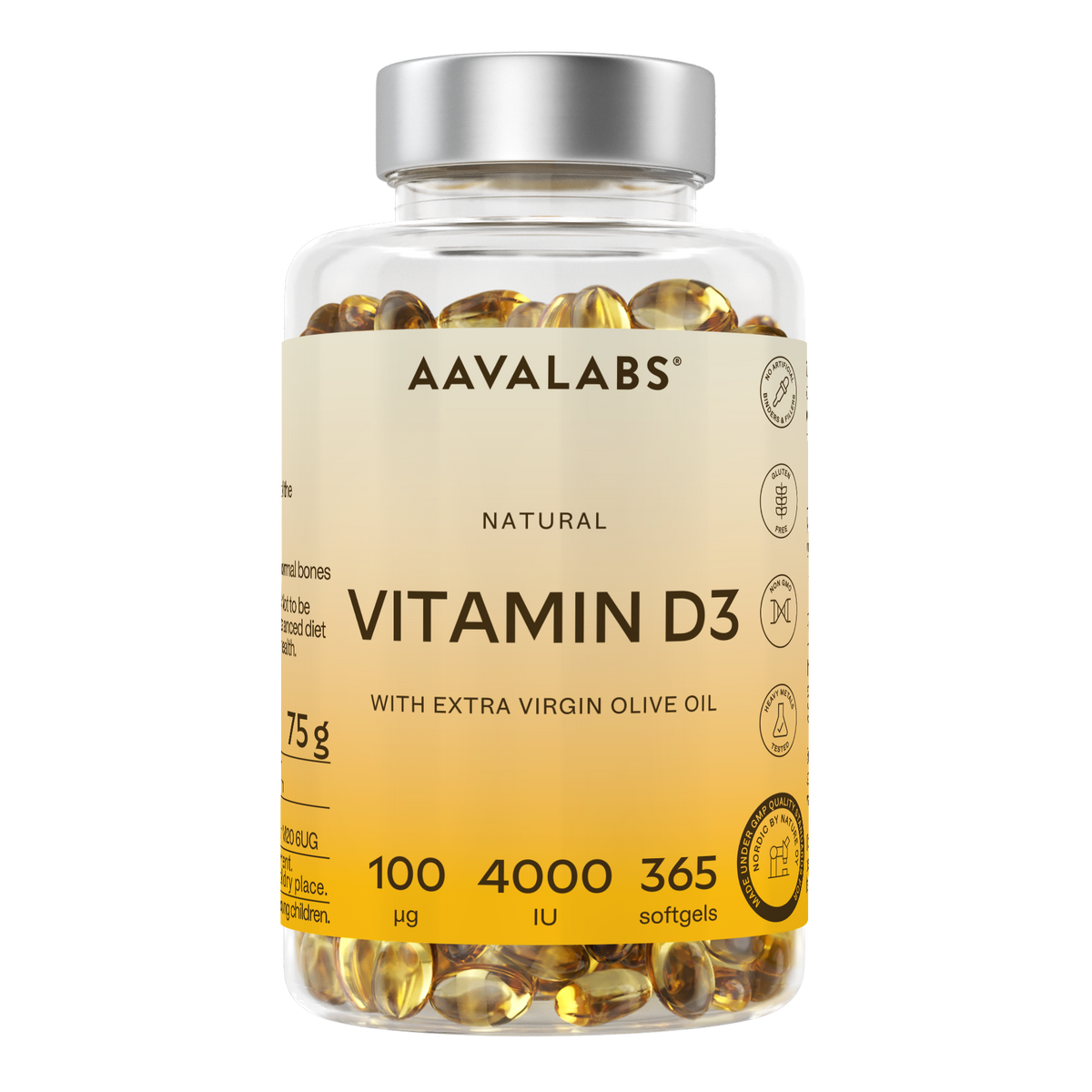 A clear plastic bottle of AAVALABS Vitamin D3 softgels with a silver cap and a beige-to-yellow label, filled with golden-yellow softgels, on a solid white background.