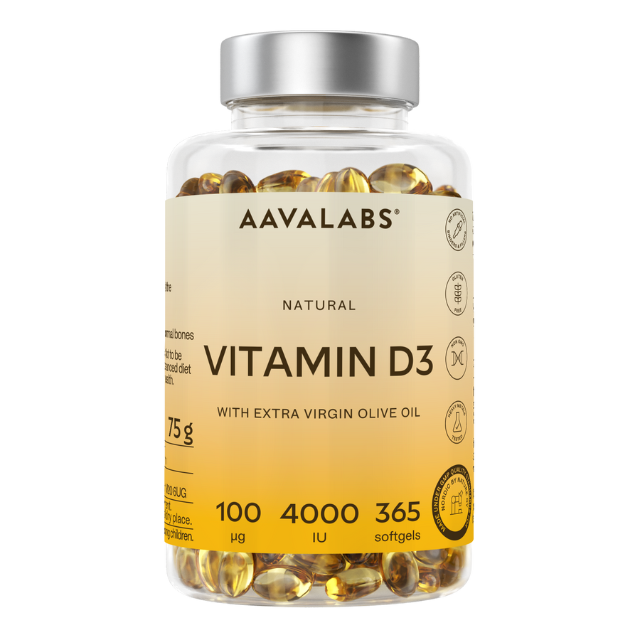 A clear plastic bottle of AAVALABS Vitamin D3 softgels with a silver cap and a beige-to-yellow label, filled with golden-yellow softgels, on a solid white background.
