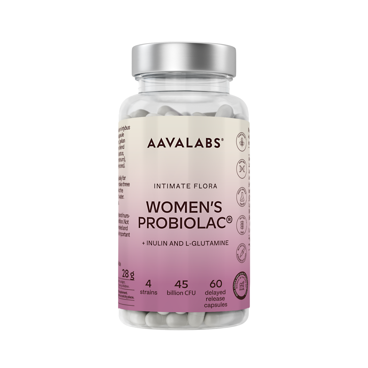 A bottle of AAVALABS Women's Probiolac dietary supplement capsules, featuring a clear plastic bottle with a silver cap and a beige-to-pink gradient label.