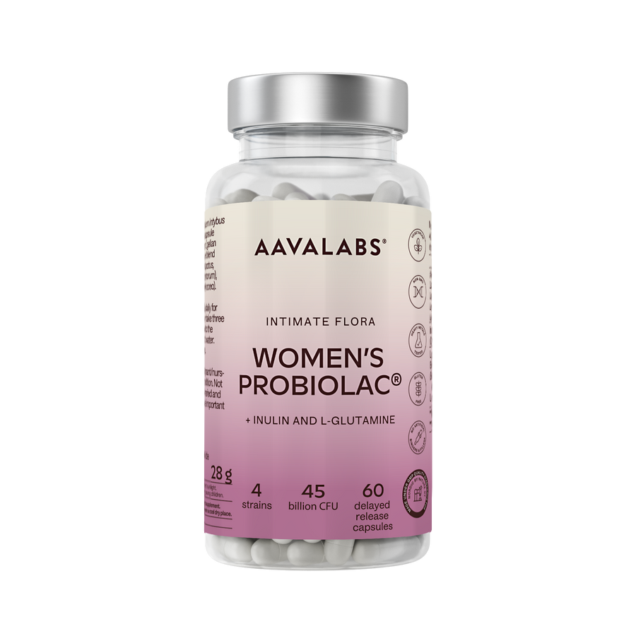 A bottle of AAVALABS Women's Probiolac dietary supplement capsules, featuring a clear plastic bottle with a silver cap and a beige-to-pink gradient label.