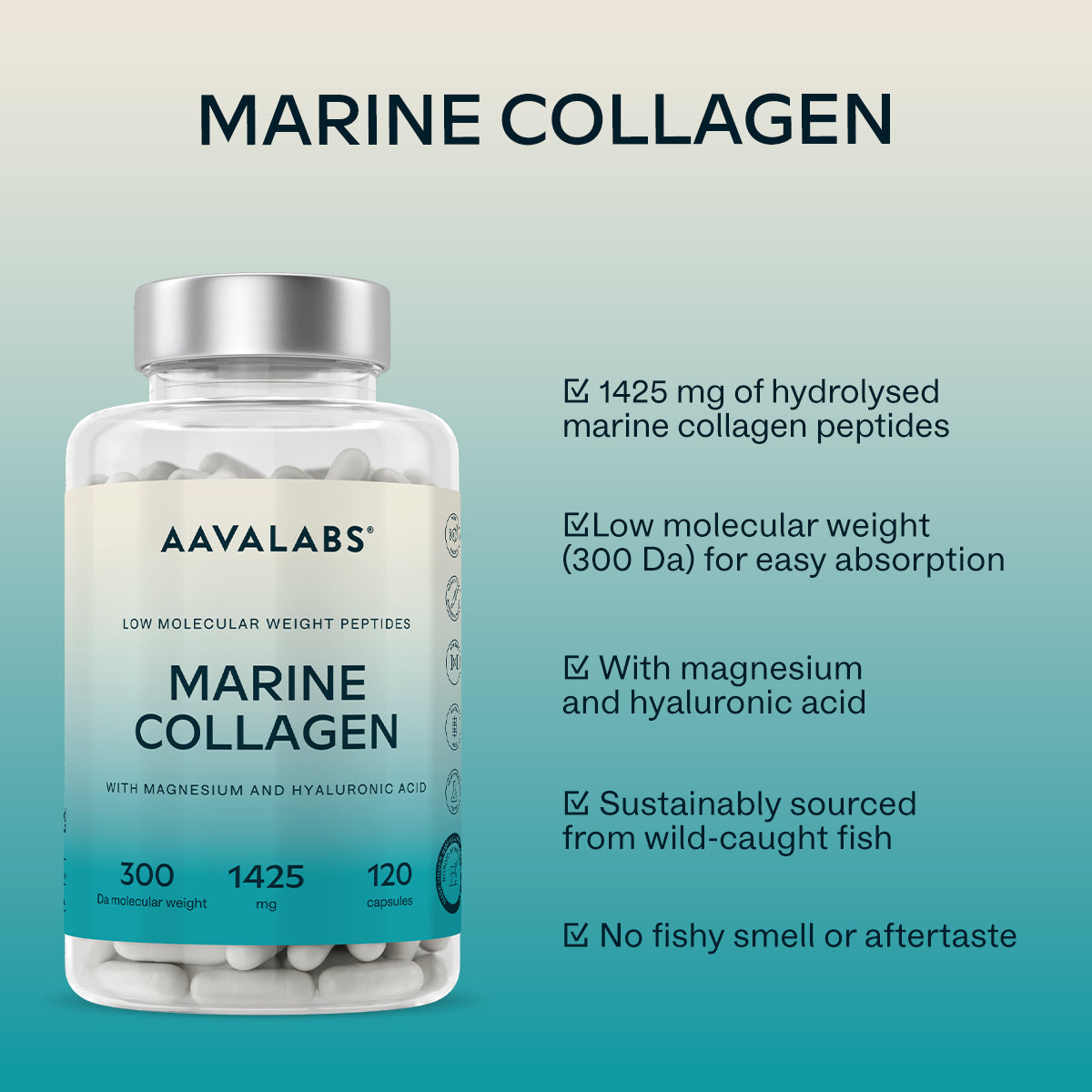 AAVALABS Marine Collagen powder in a clear jar with a scoop, showcasing the collagen supplement for skin and joint health.