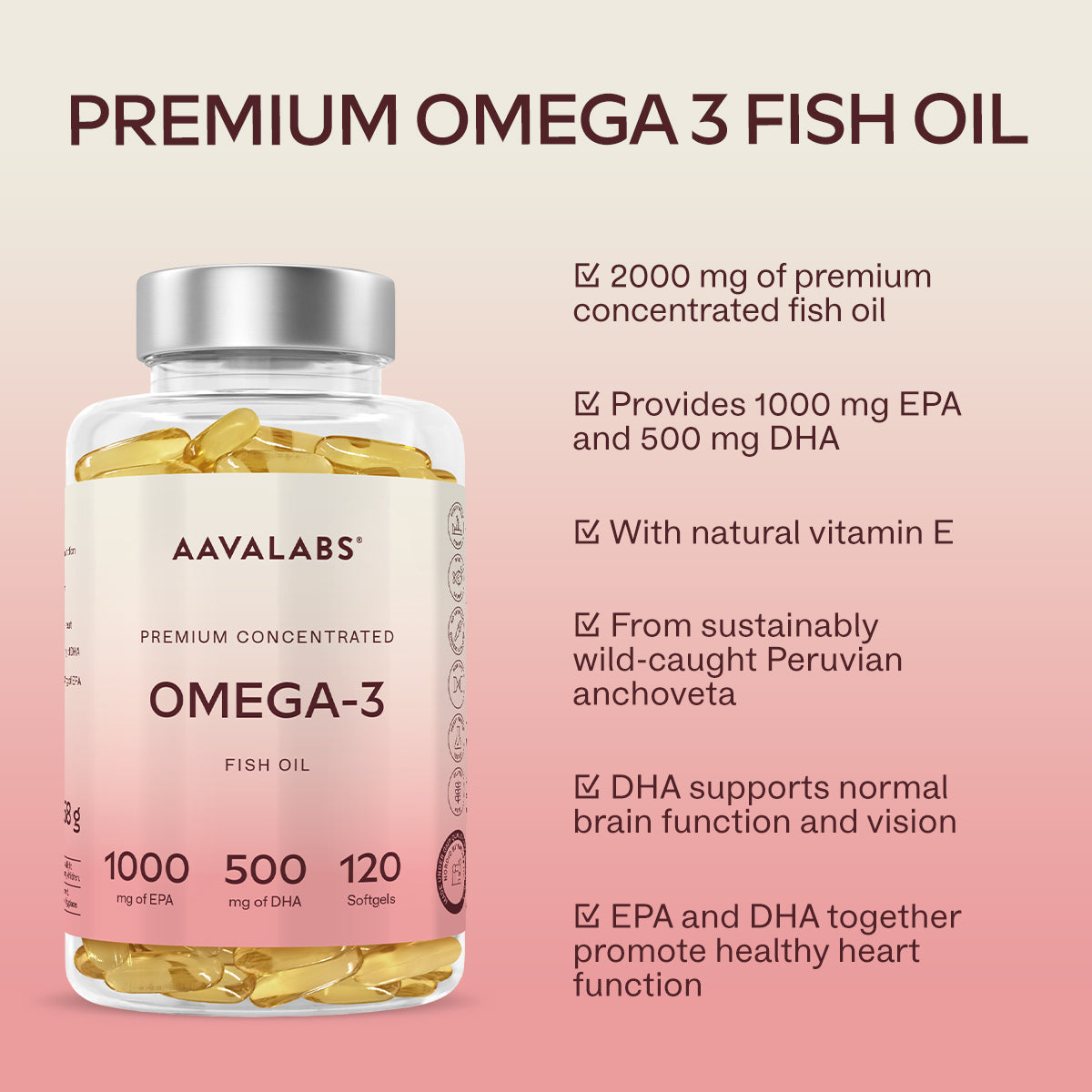 Clear plastic bottle of yellow Aavalabs OMEGA-3 softgels with a silver cap on a pink and white background.