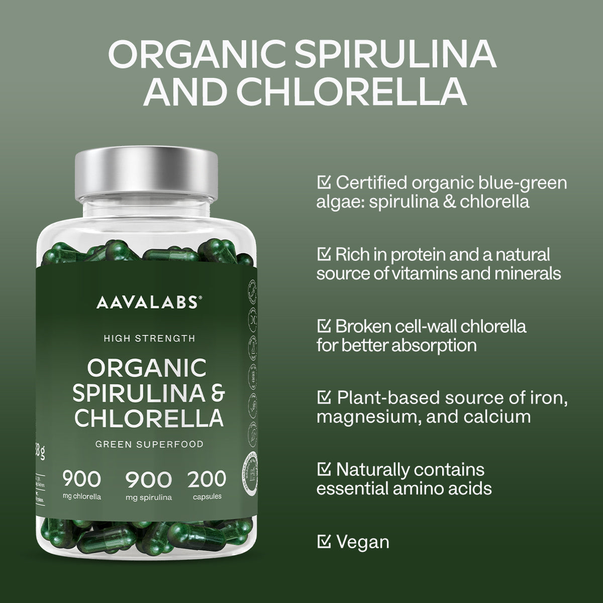 Organic Spirulina & Chlorella supplement bottle with listed benefits shown beside it - Aavalabs