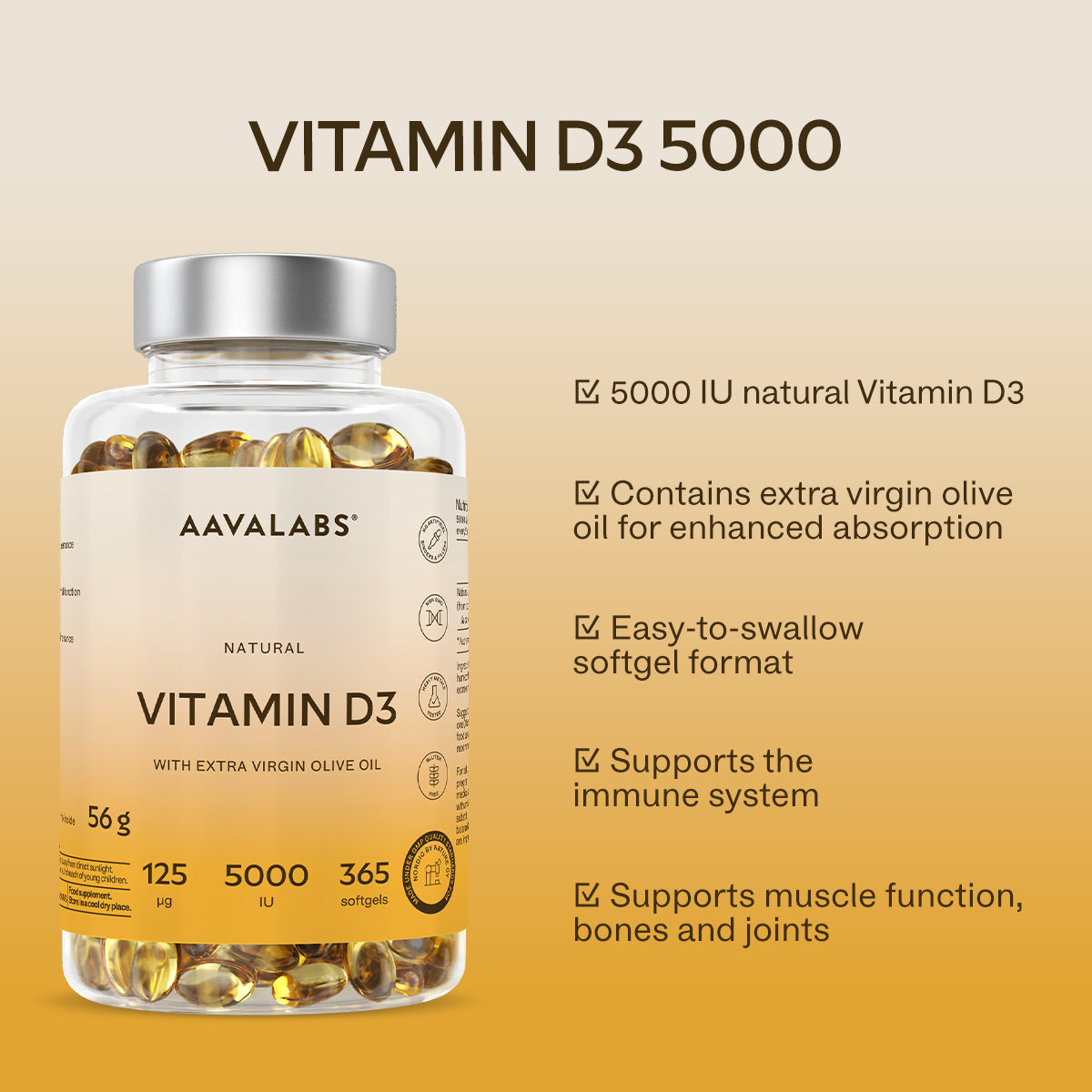 AAVALABS Vitamin D3 5000IU bottle with orange and white label, showing supplement capsules and product branding.