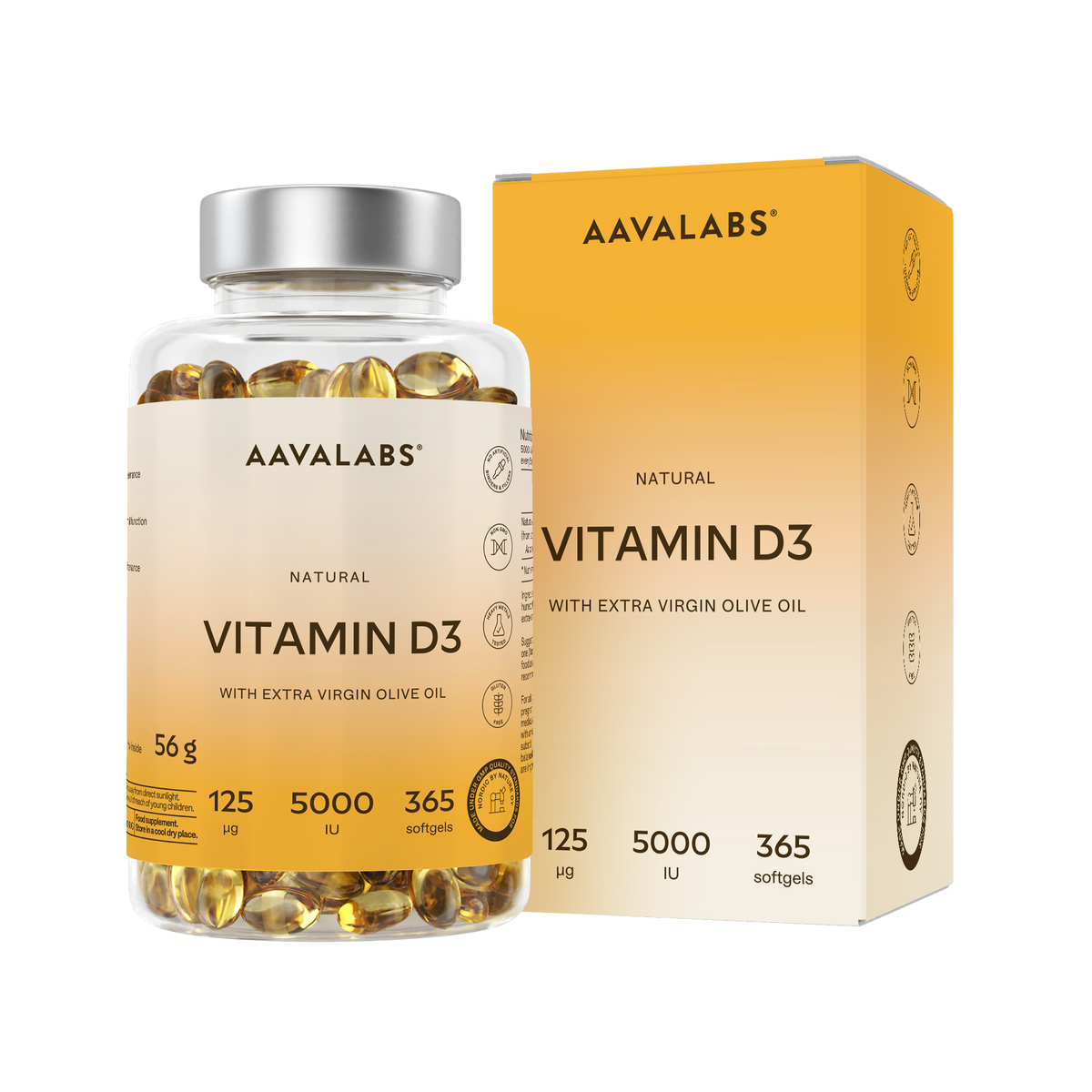 AAVALABS Vitamin D3 5000IU bottle with white and orange label, showing capsules and supplement branding.