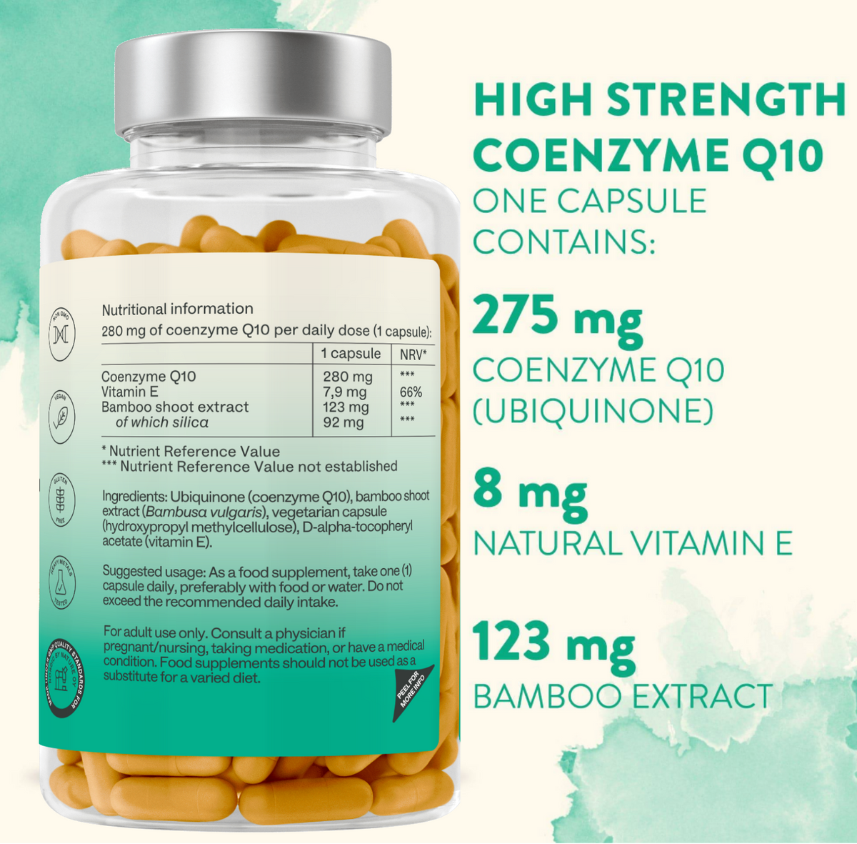 A bottle of Aavalabs coenzyme Q10 dietary supplement with a white cap and a white label featuring black text, set against a light green watercolor-textured background with product details on the right.