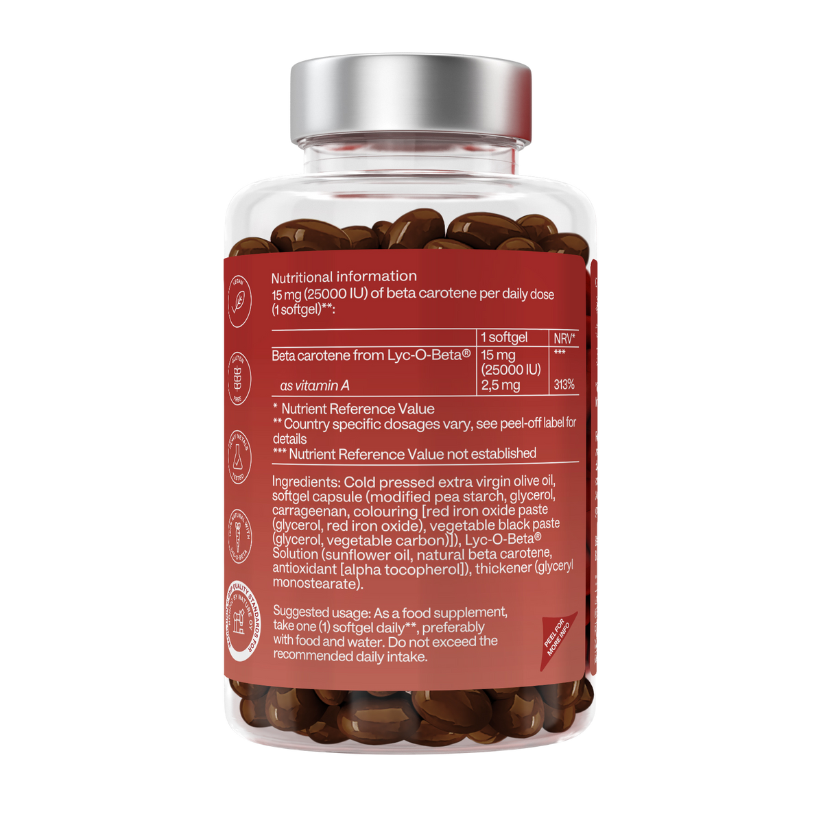 A clear plastic bottle of dietary supplements with a silver cap and a red label showing the back side, containing brown capsules, on a white background.