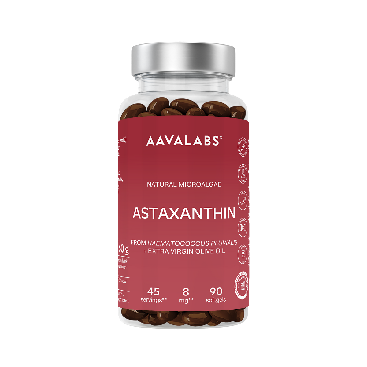 A bottle of AAVALABS Astaxanthin dietary supplements, featuring a dark red label and a metallic silver cap, filled with brown softgels.