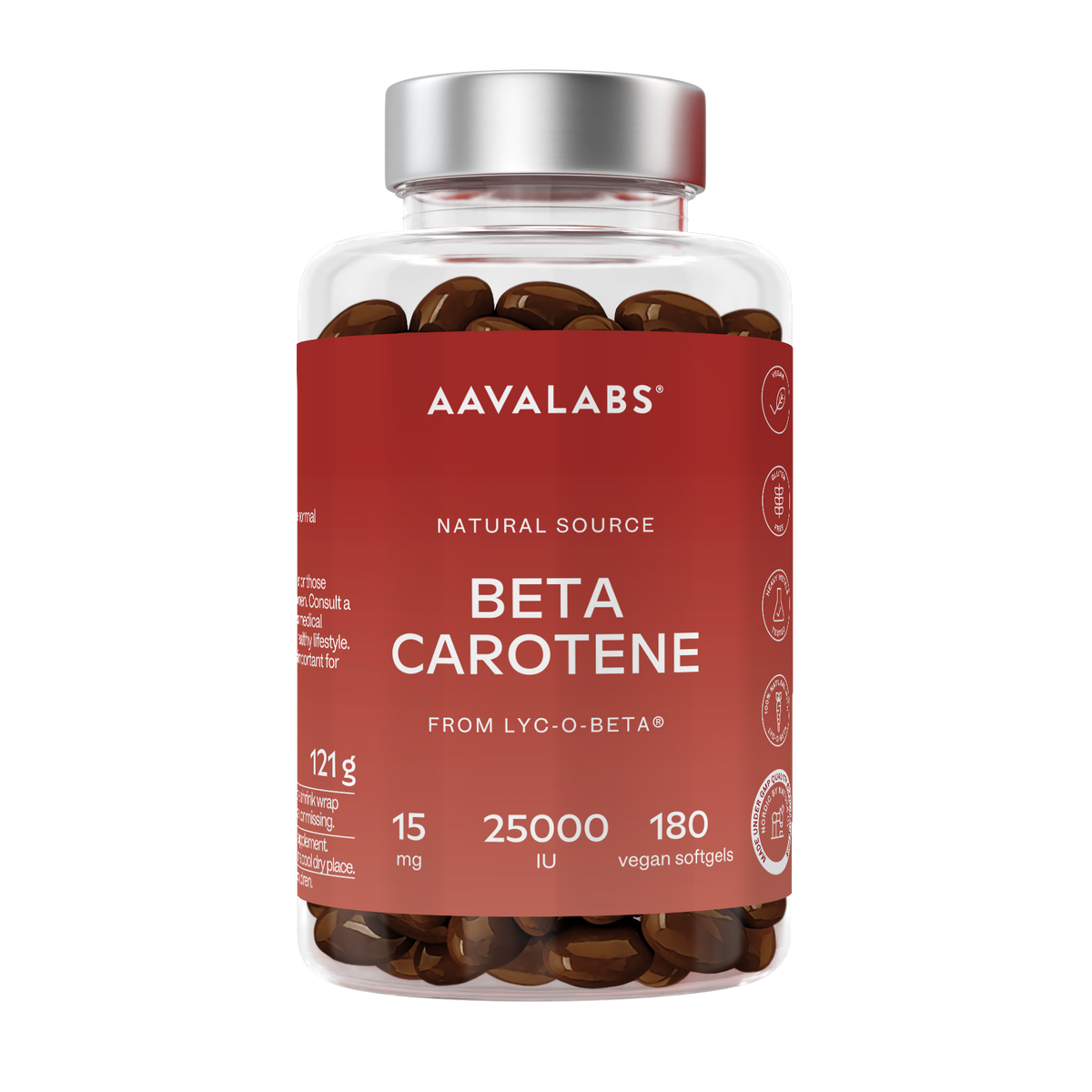 A clear plastic supplement bottle of AAVALABS Beta Carotene with a metallic silver cap and a red label, filled with brown softgel capsules, on a solid white background.