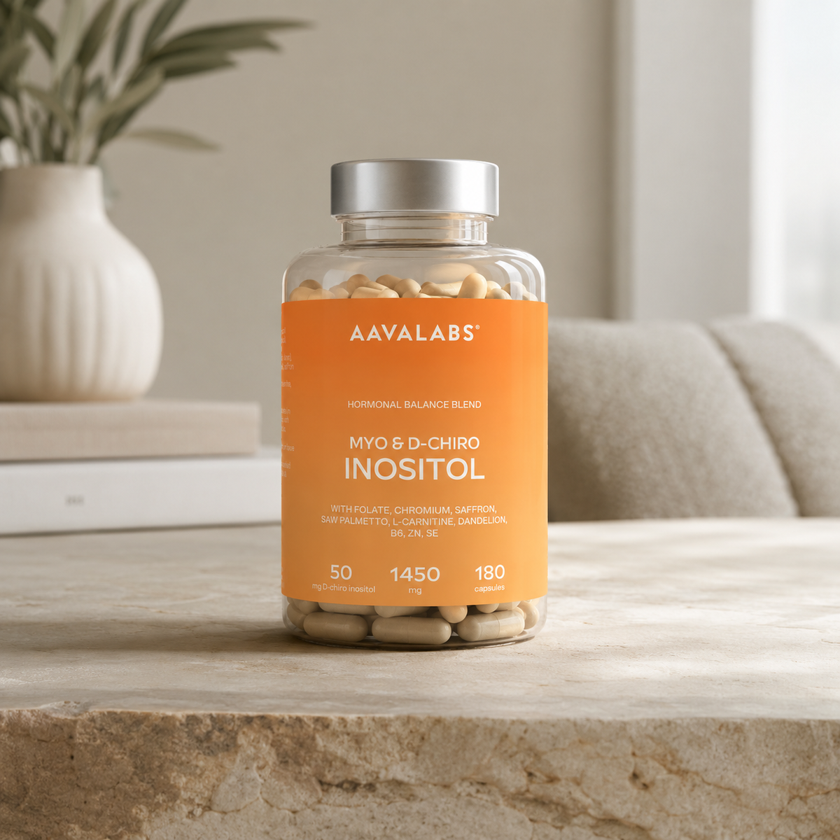 AavaLabs Myo & D-Chiro Inositol supplement bottle on a wooden surface with a neutral background