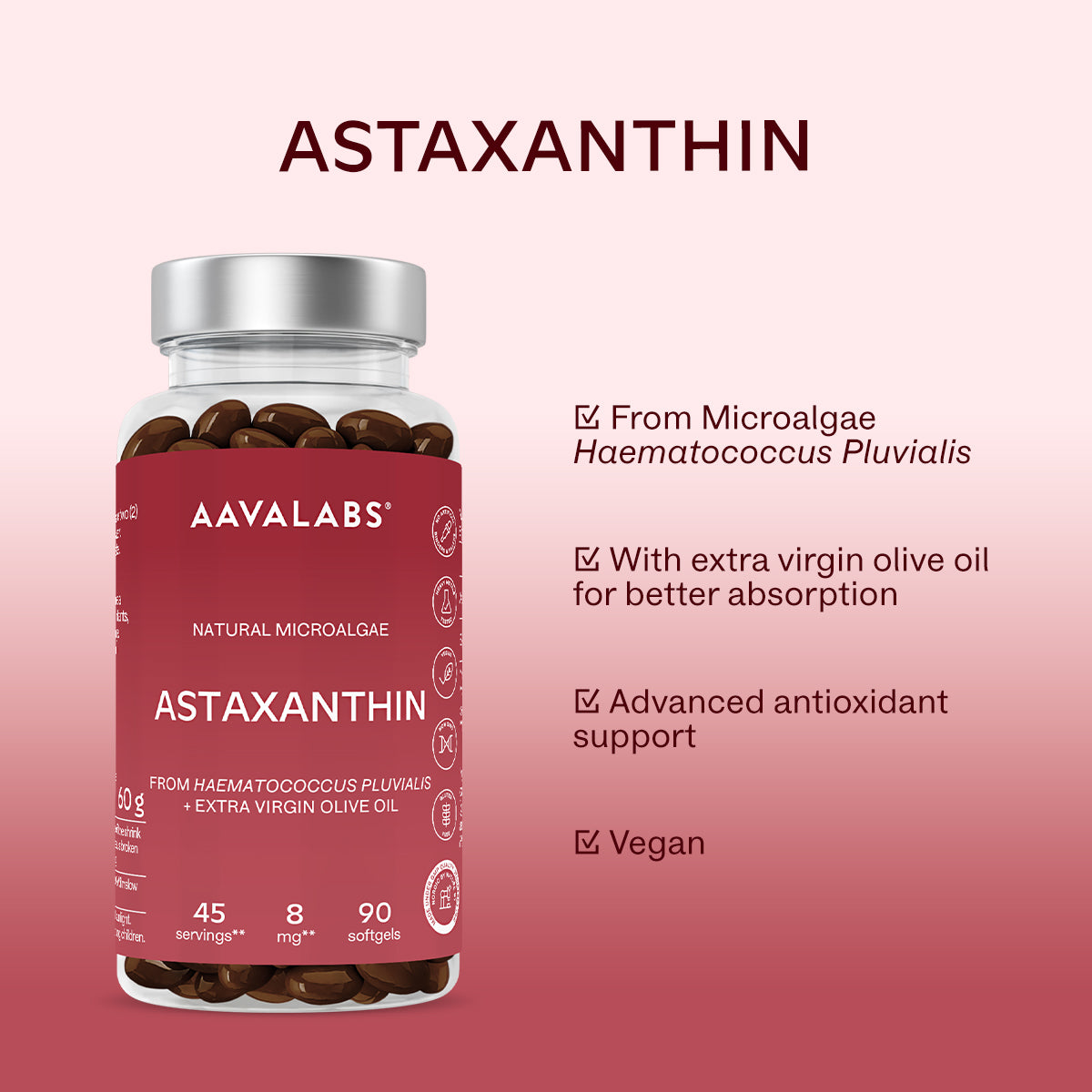 Aavalabs Astaxanthin supplement bottle with product details on a pink background