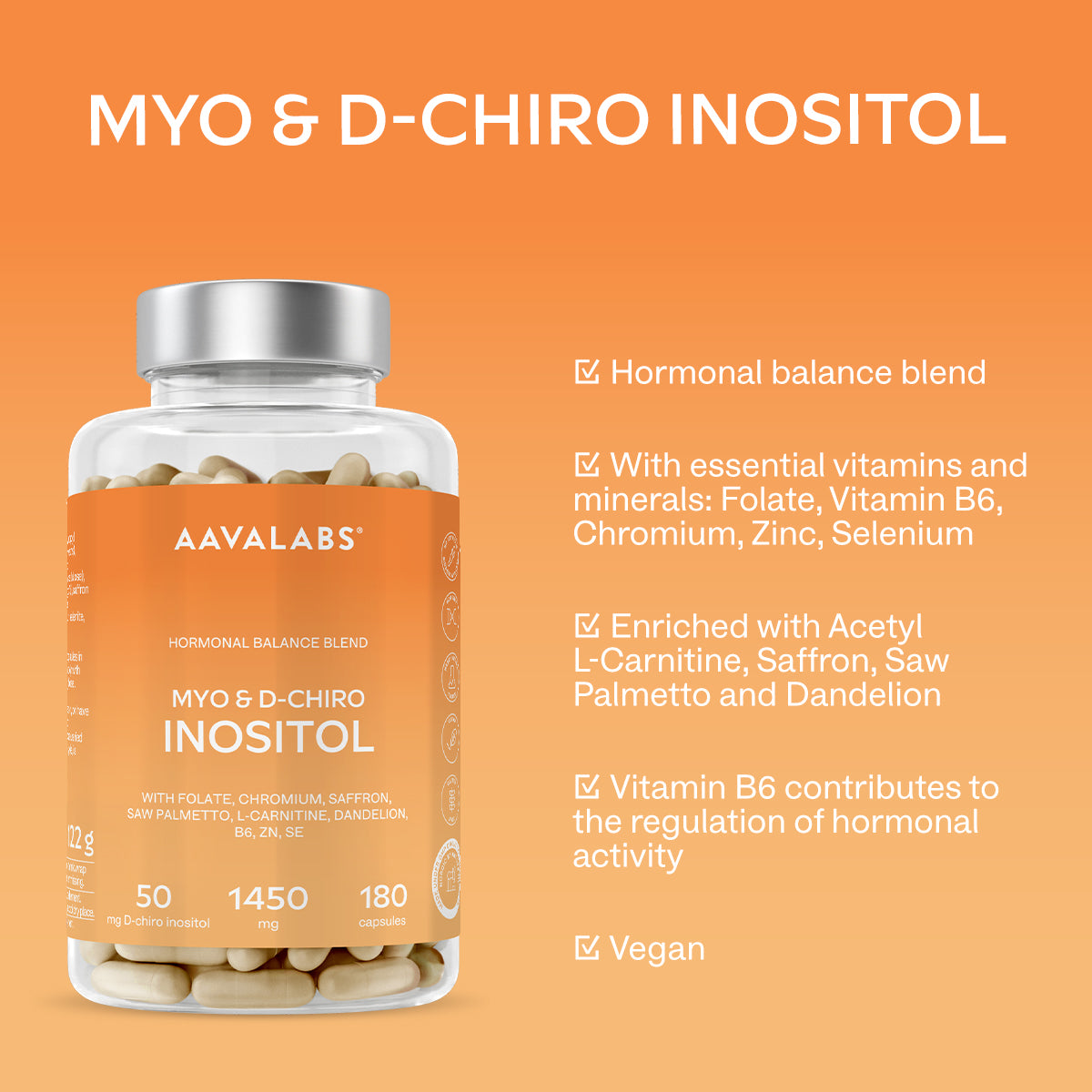 AAVALABS MYO & D-CHIRO INOSITOL vitamins infographic showing benefits and key information in a square design.