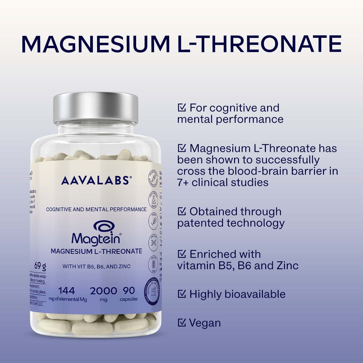 Bottle of Aavalabs Magnesium L-Threonate with product details on a light purple background