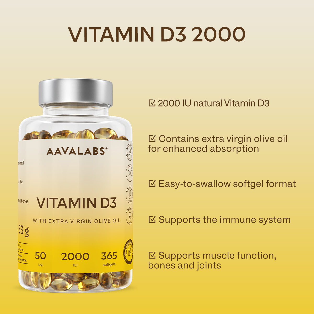 Vitamin D3 – 2000 IU supplement bottle with listed benefits shown beside it - Aavalabs