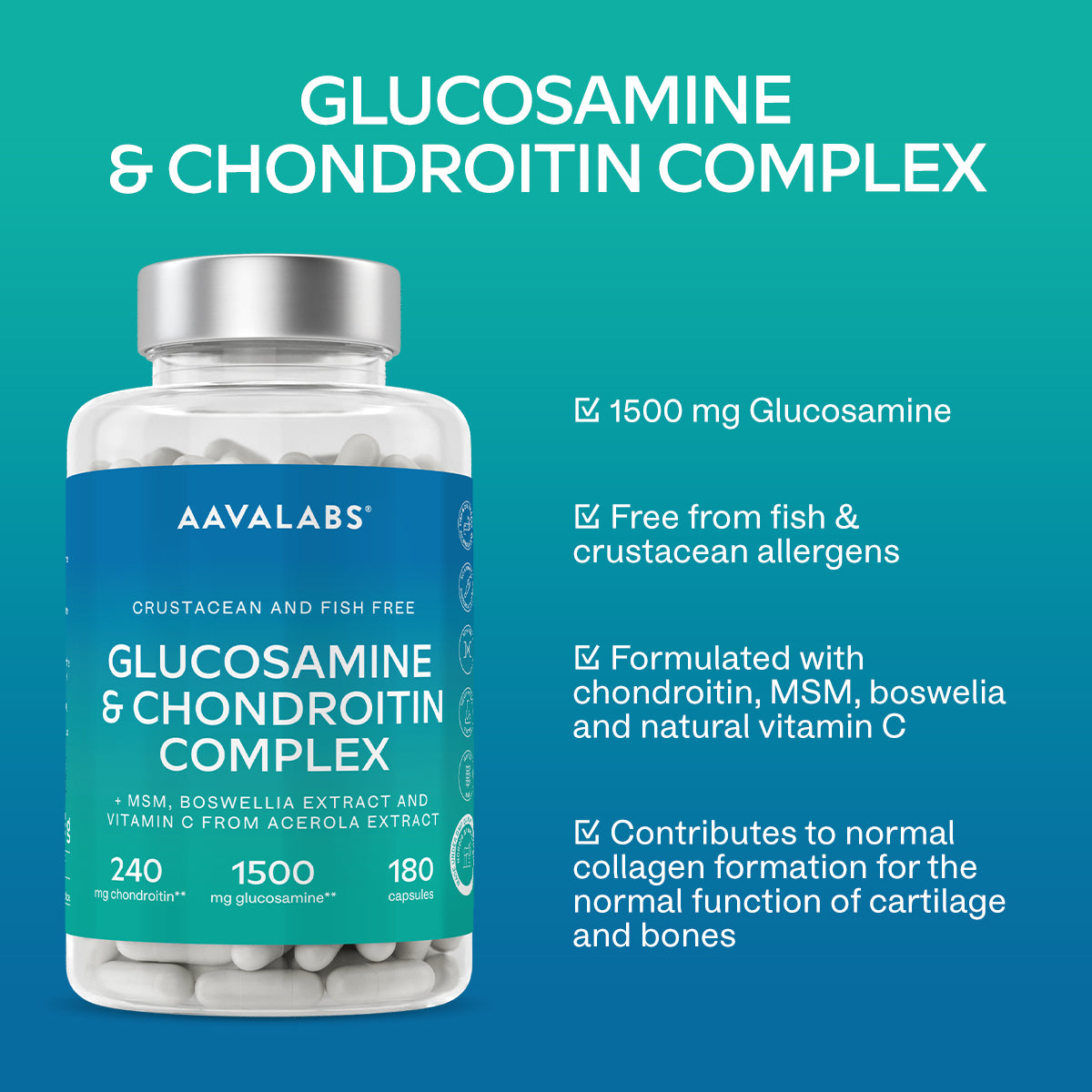 AAVALABS Glucosamine & Chondroitin Vitamins supplement benefits infographic showing joint support and cartilage health.