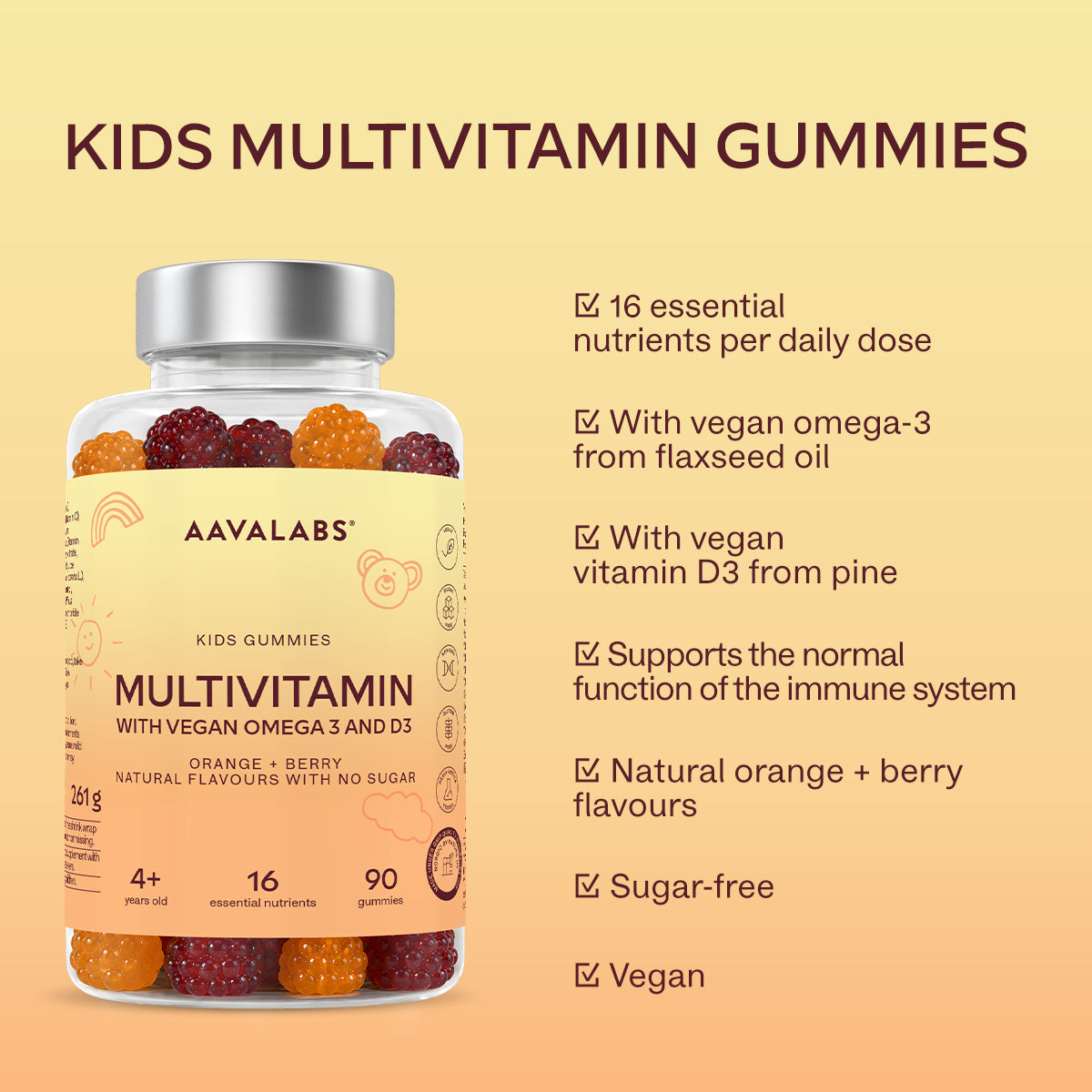 A bottle of AAVALABS Kids Multivitamin Gummies with a silver cap and a cream label, shown on a warm beige gradient background with promotional text listing benefits like 16 essential nutrients, vegan omega-3, vegan vitamin D3, and sugar-free.