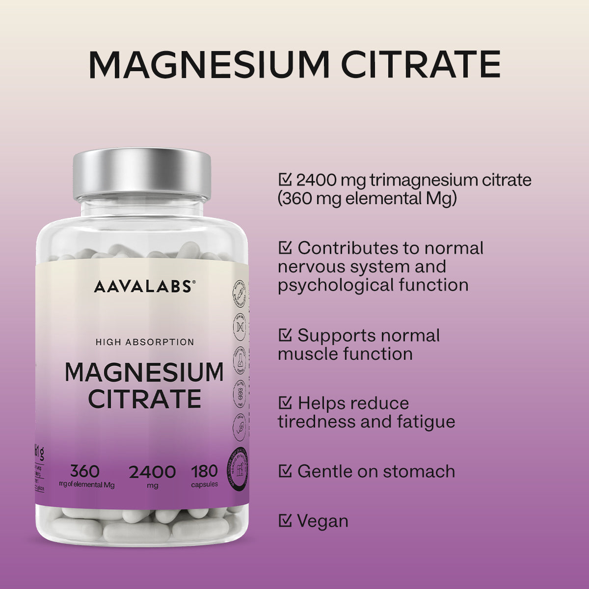 AAVALABS magnesium citrate mineral supplement in a clear bottle, with a label highlighting health benefits and ingredients.