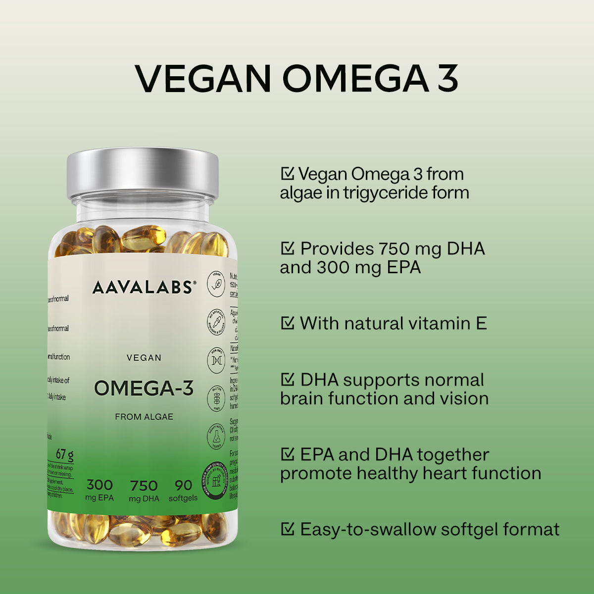 Clear plastic bottle of yellow softgels labeled AAVALABS VEGAN OMEGA-3 FROM ALGAE next to a list of product benefits.
