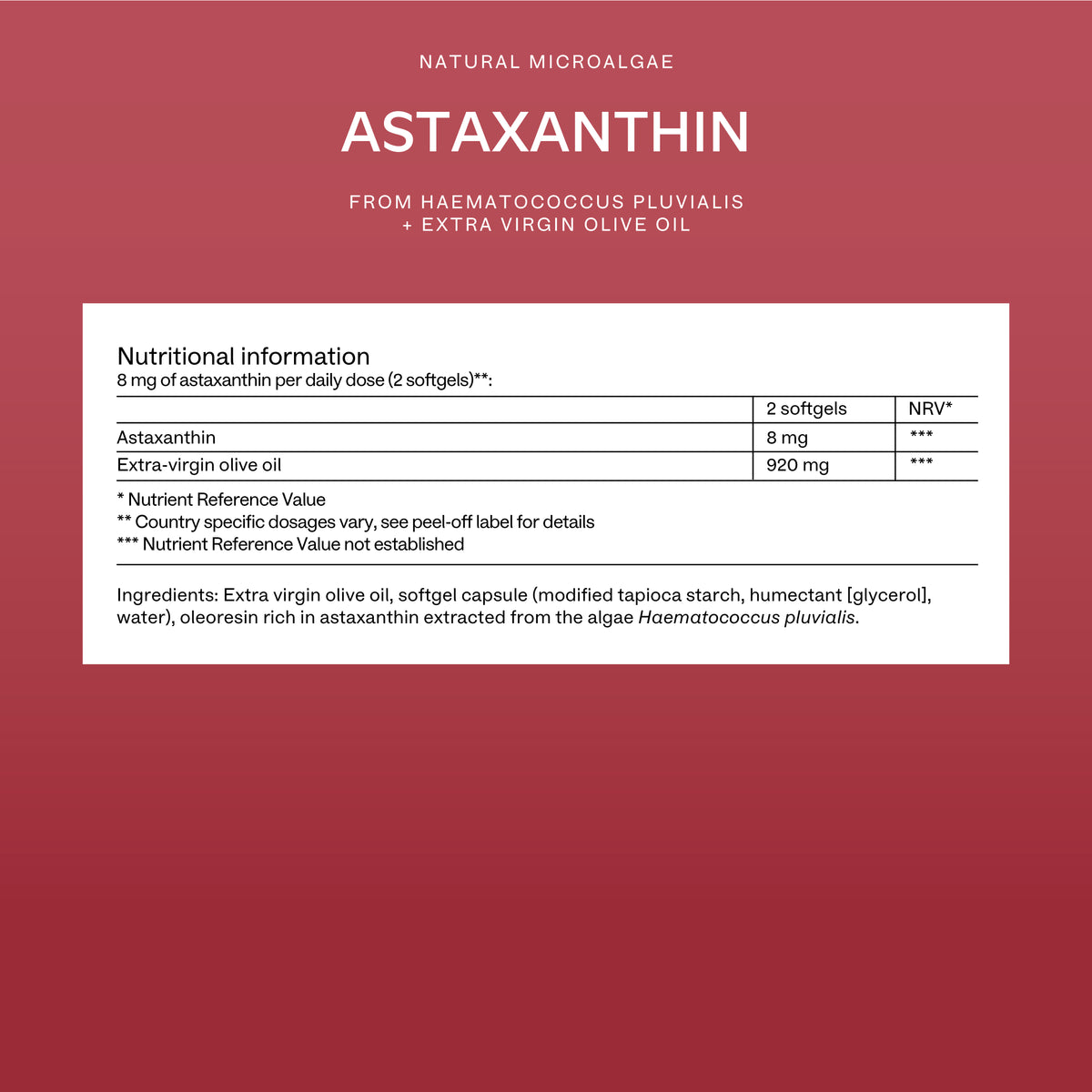 Nutritional information label for astaxanthin supplement on a red background