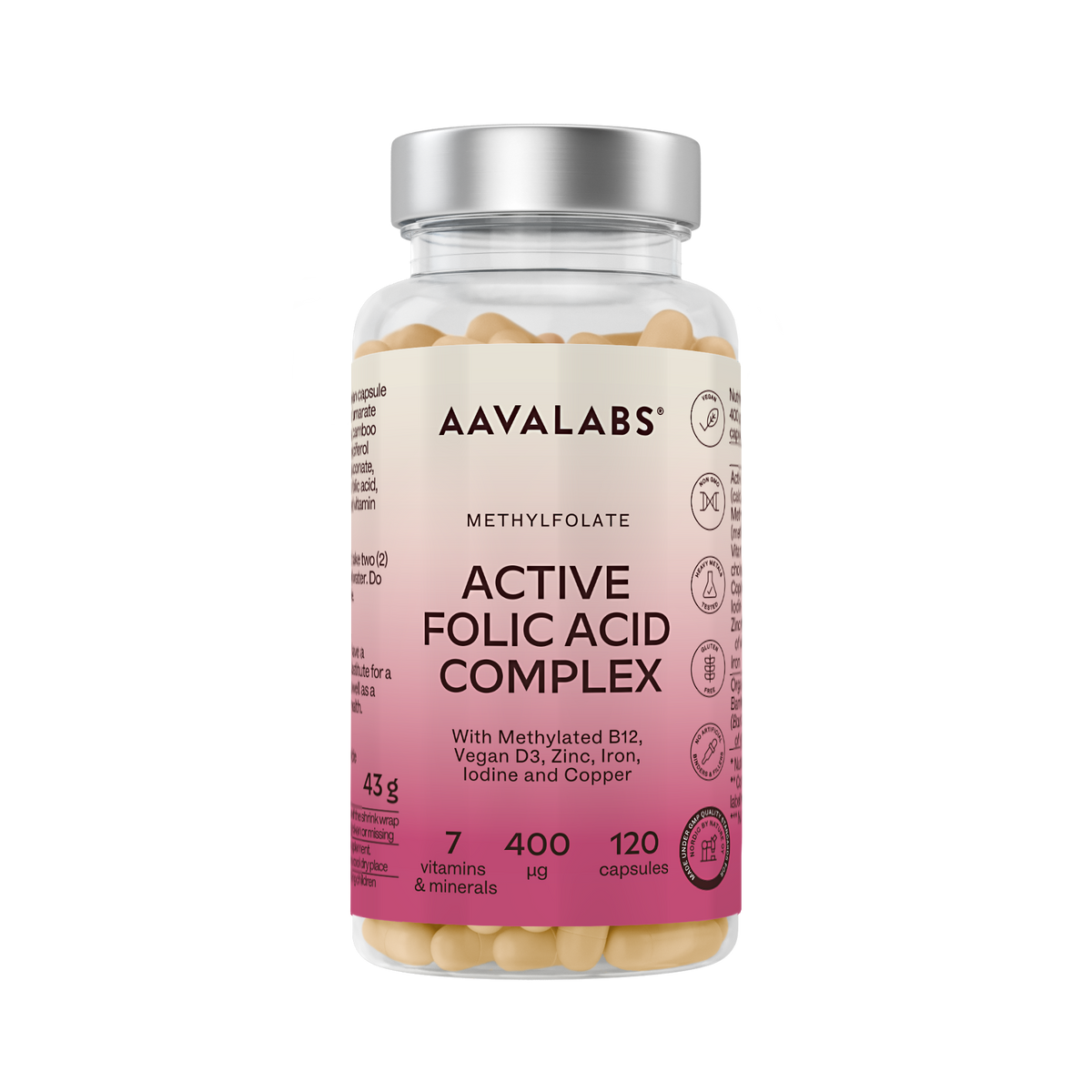 A bottle of Aavalabs Methylfolate Active Folic Acid Complex dietary supplement, containing 120 capsules, shown on a clean white background.